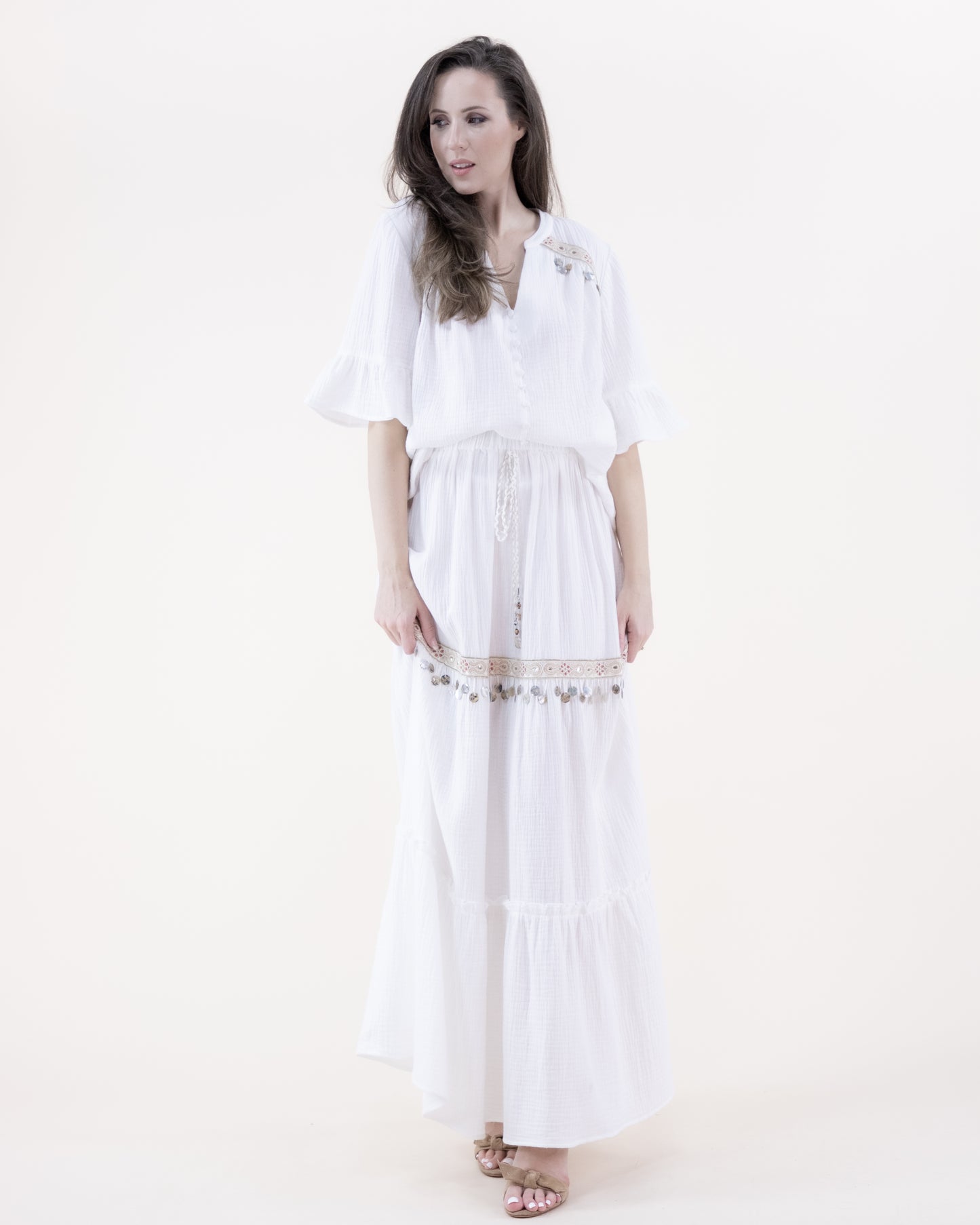 Cotton Gauze Trumpet Sleeve V-Neck Button Down Blouse