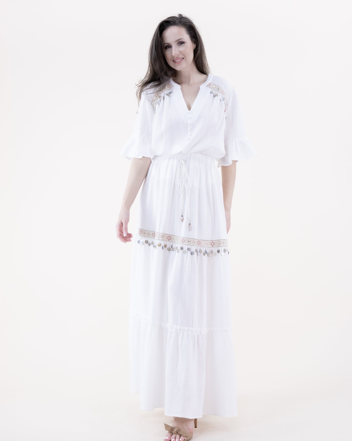 Cotton Gauze Trumpet Sleeve V-Neck Button Down Blouse