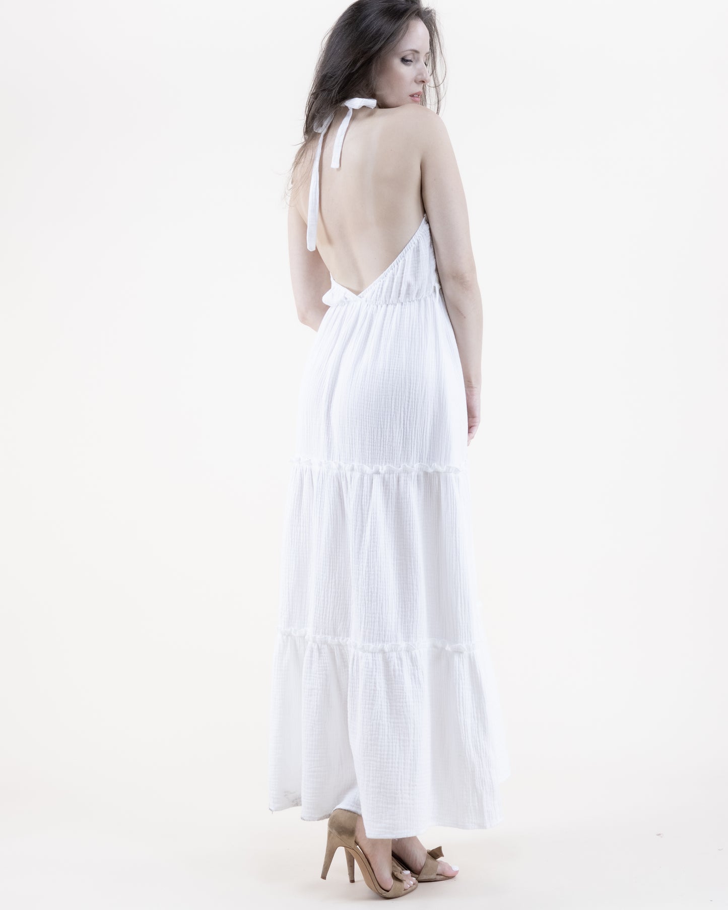 Flower Lace Cotton Gauze Tiered Halter Maxi Dress