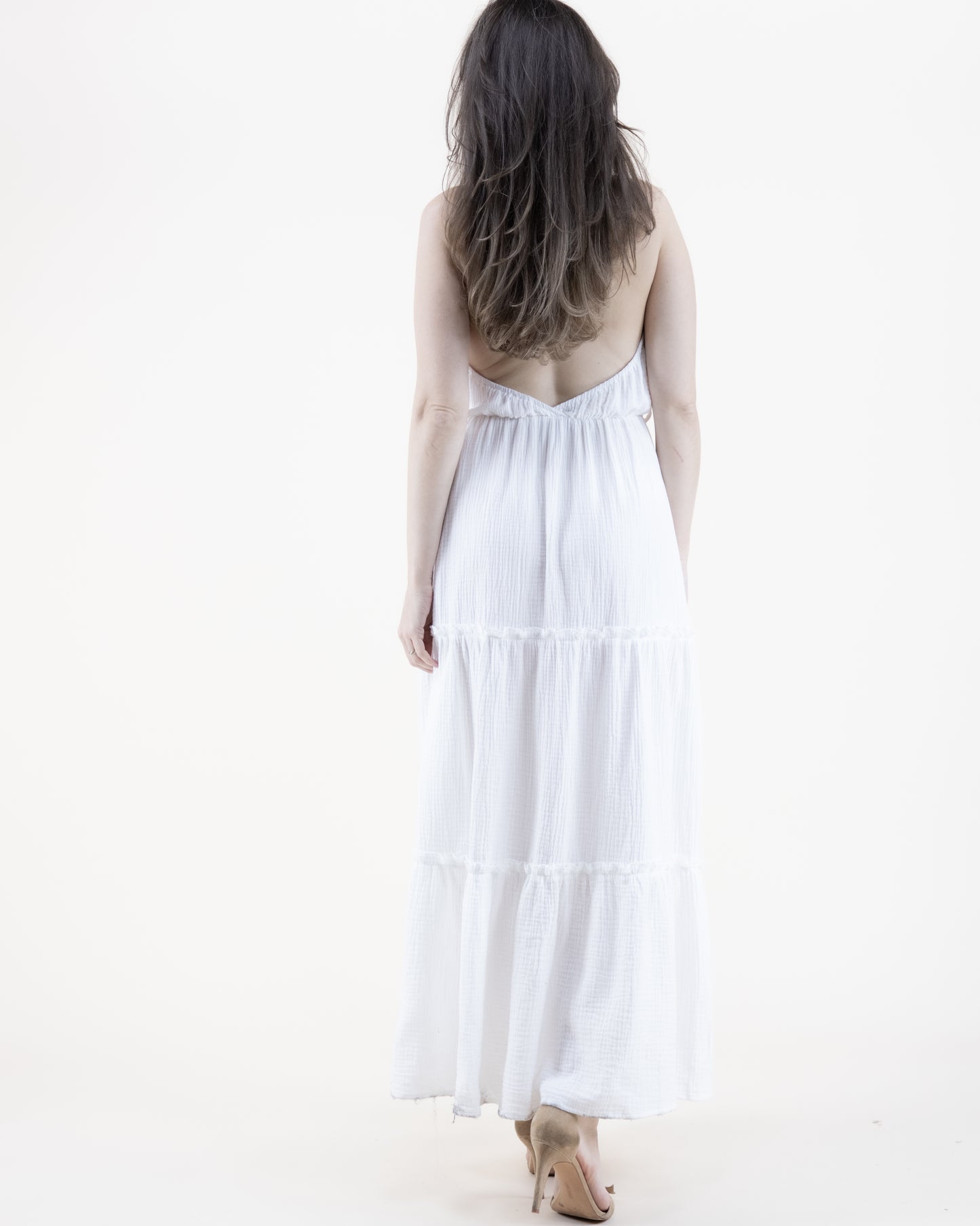Flower Lace Cotton Gauze Tiered Halter Maxi Dress