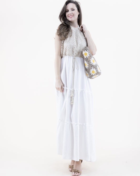 Flower Lace Cotton Gauze Tiered Halter Maxi Dress