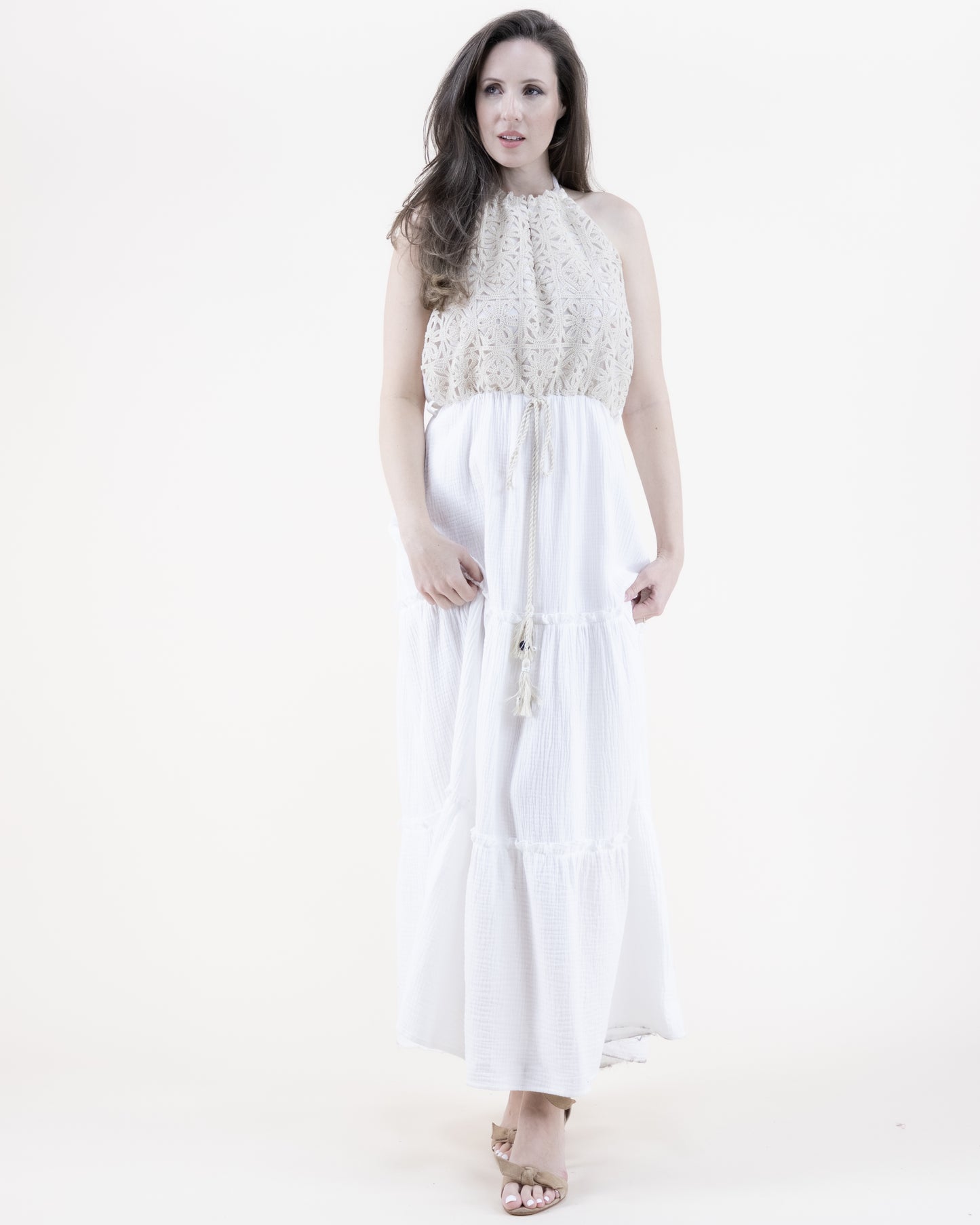 Flower Lace Cotton Gauze Tiered Halter Maxi Dress