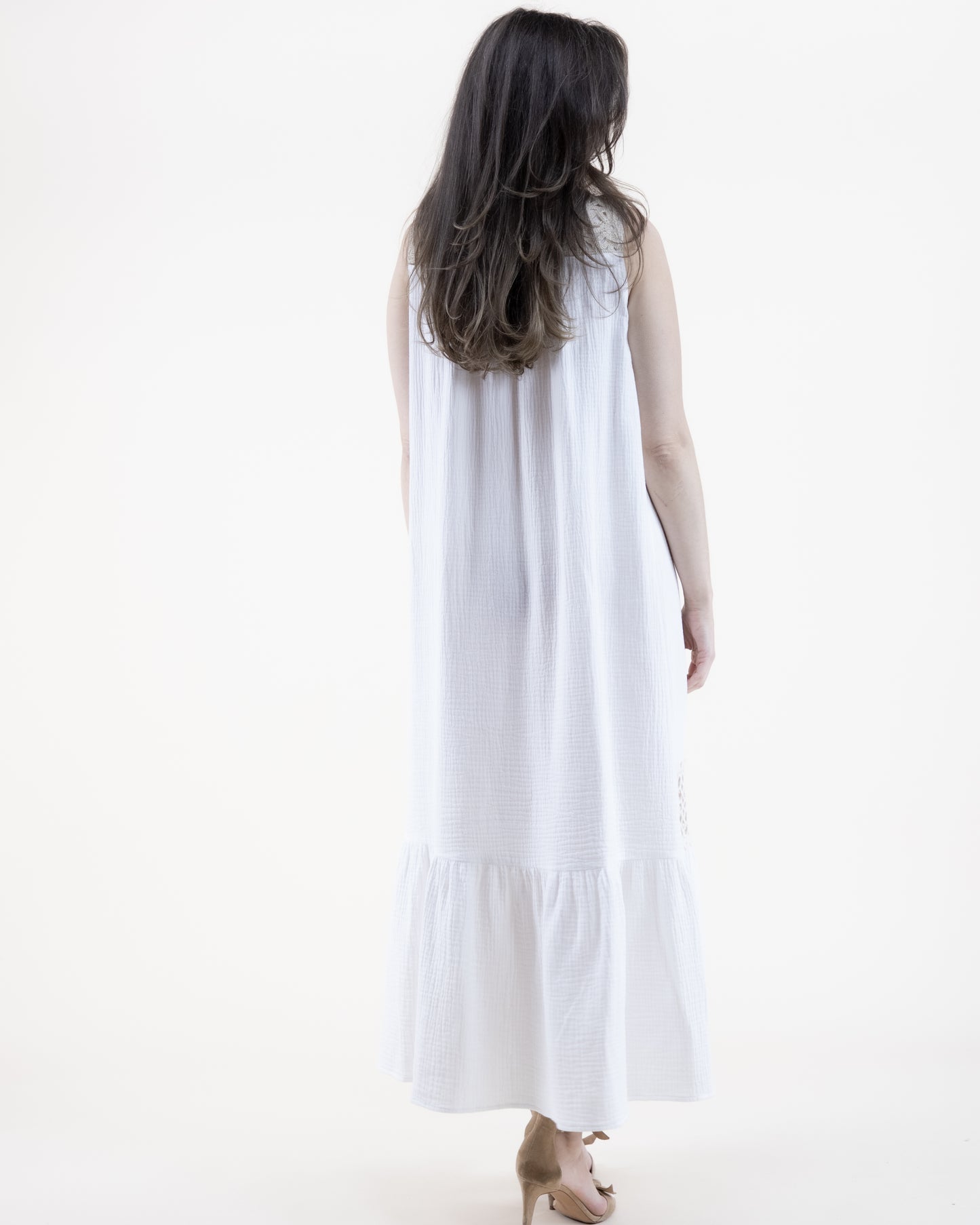 Flower Lace Yoke Cotton Gauze Buttoned Tiered Maxi Dress