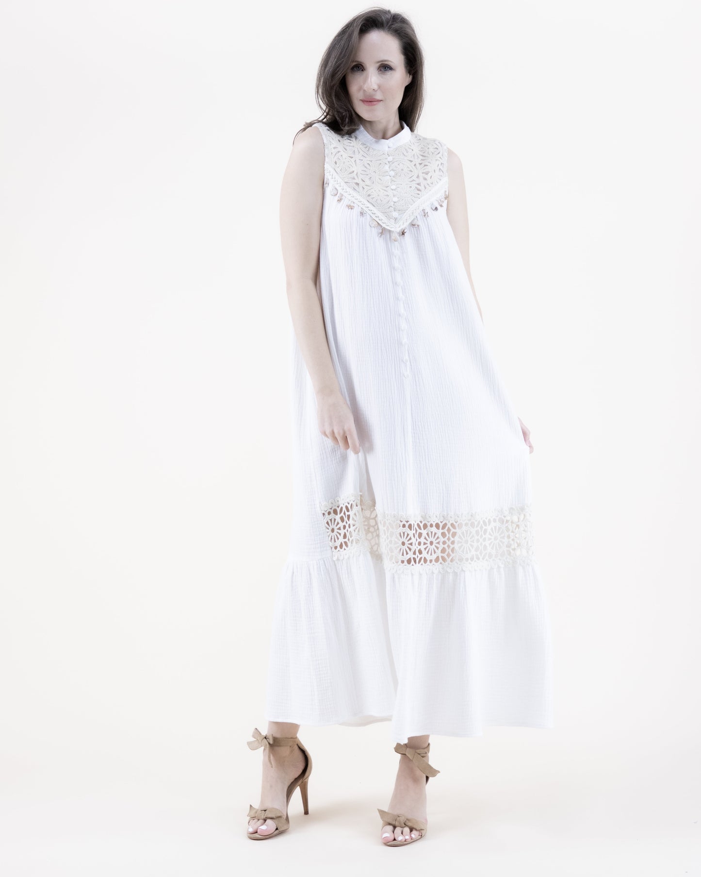 Flower Lace Yoke Cotton Gauze Buttoned Tiered Maxi Dress