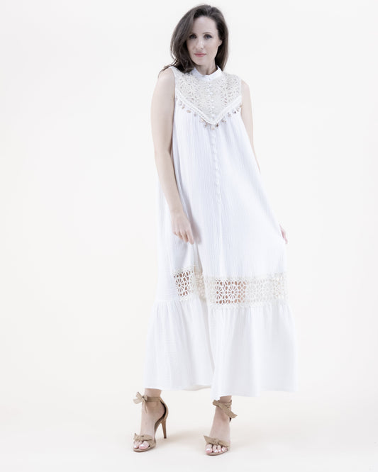 Flower Lace Yoke Cotton Gauze Buttoned Tiered Maxi Dress