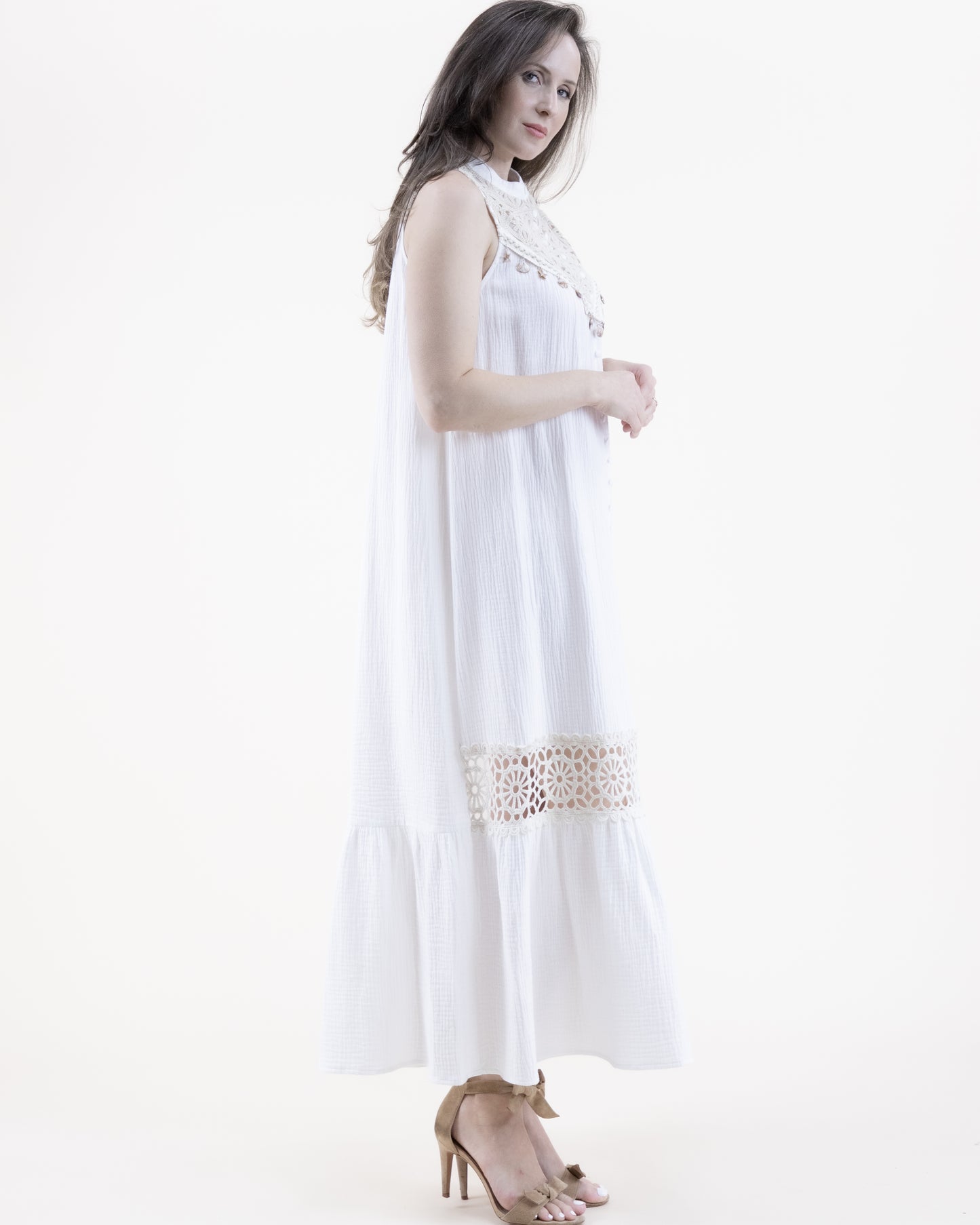 Flower Lace Yoke Cotton Gauze Buttoned Tiered Maxi Dress