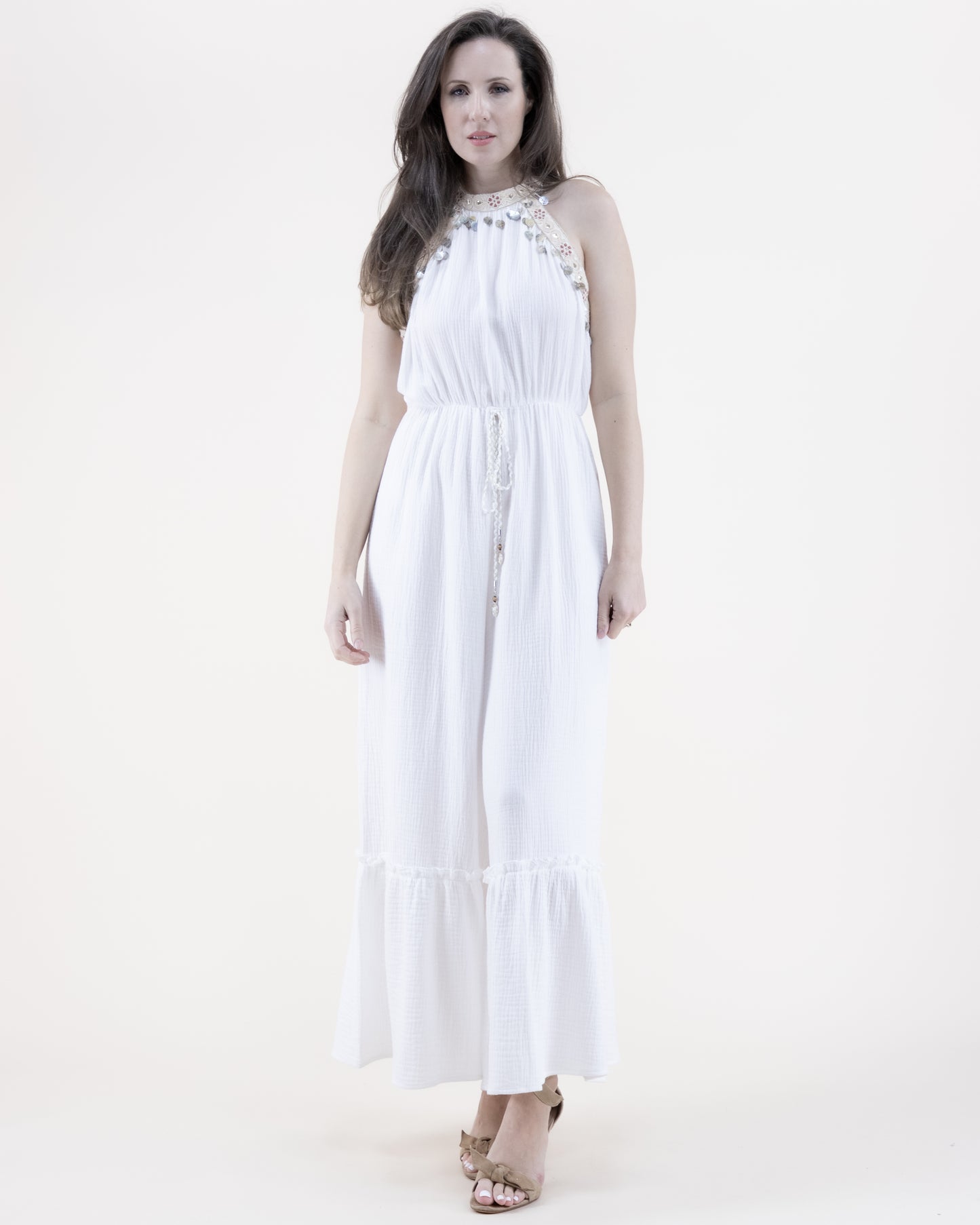 Flower Lace Cotton Gauze Tiered Halter Jumpsuit