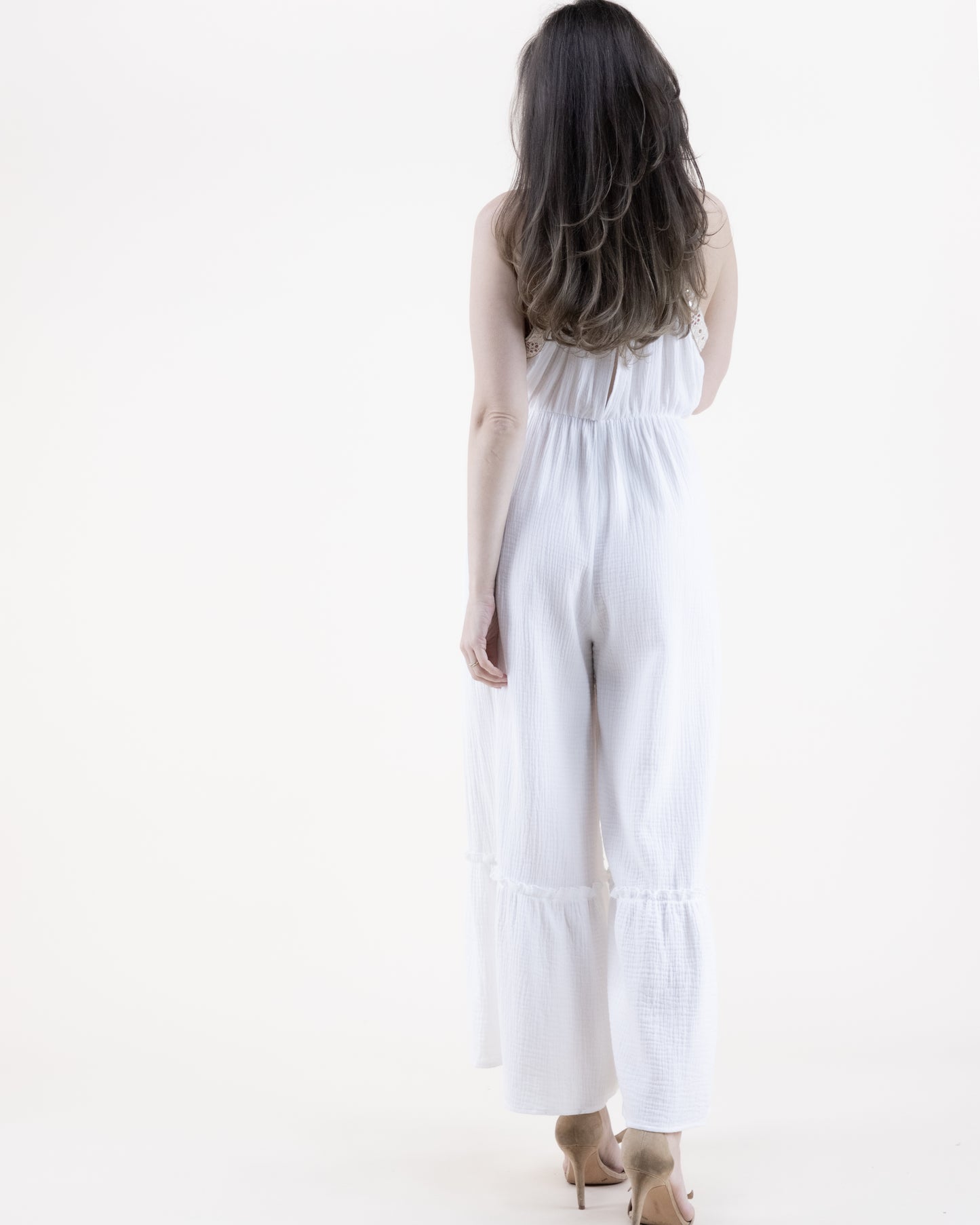 Flower Lace Cotton Gauze Tiered Halter Jumpsuit