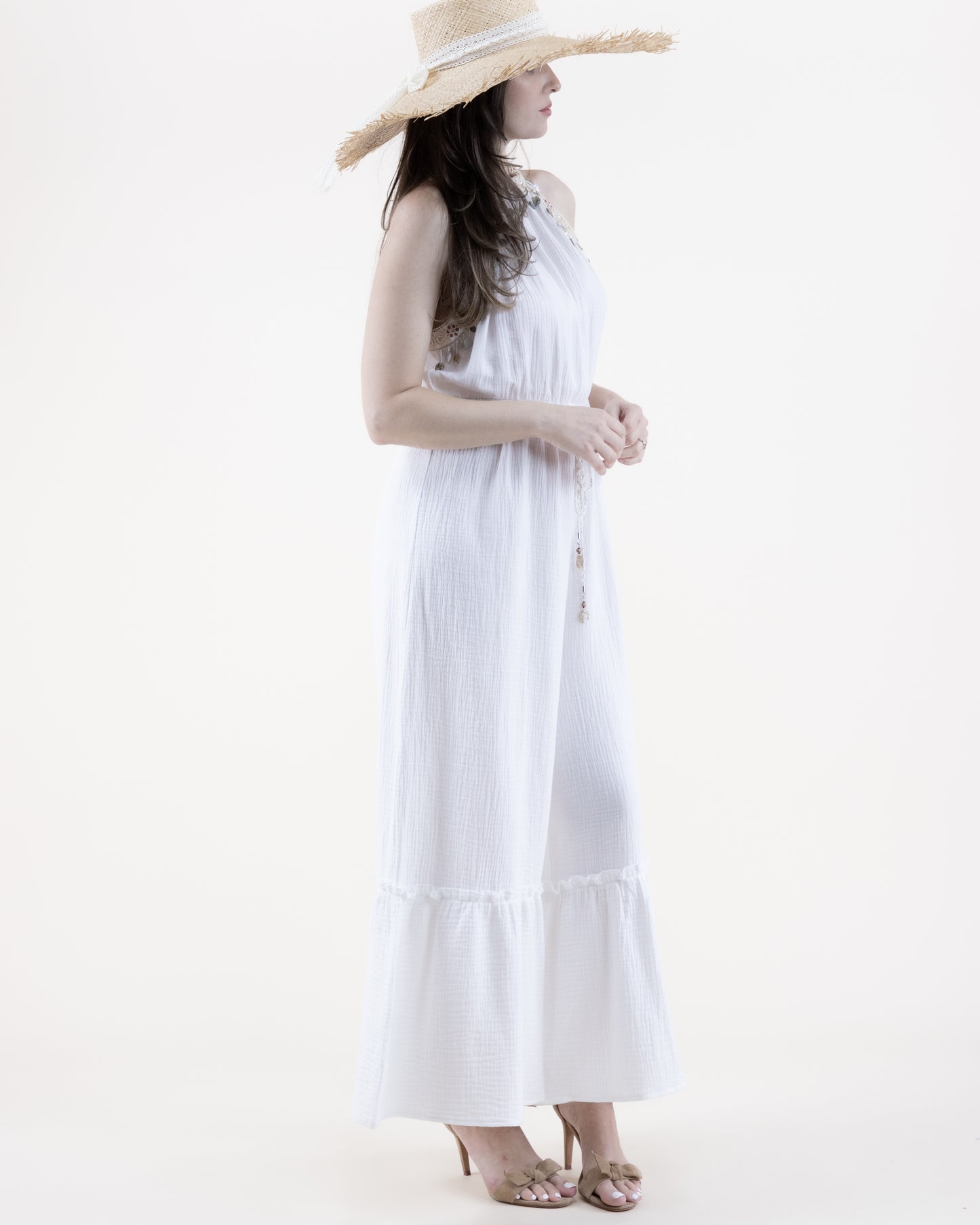 Flower Lace Cotton Gauze Tiered Halter Jumpsuit