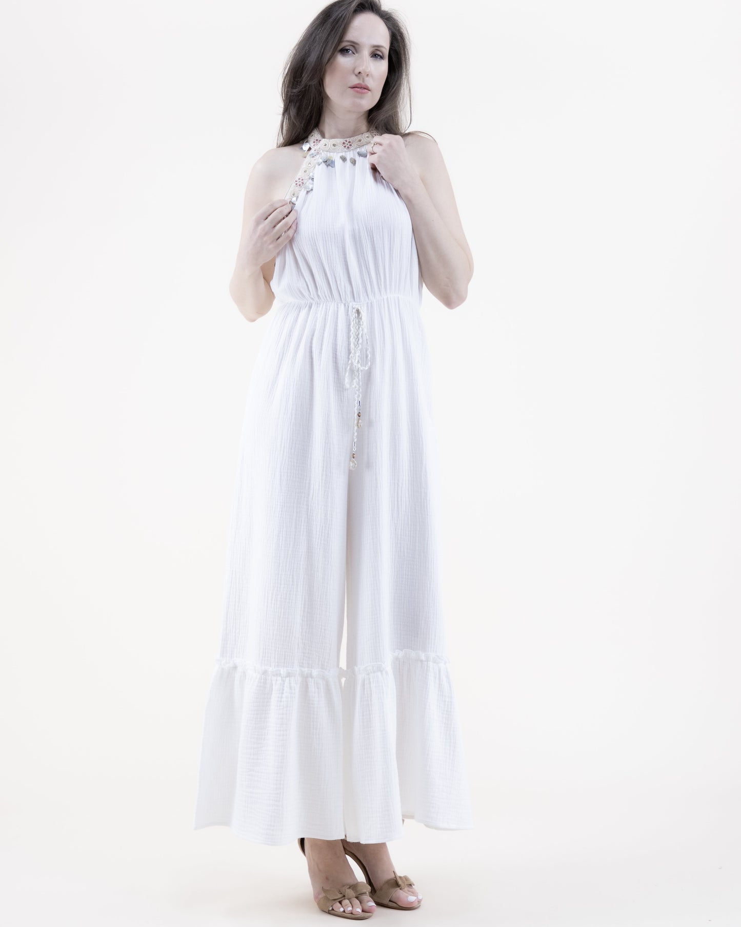 Flower Lace Cotton Gauze Tiered Halter Jumpsuit