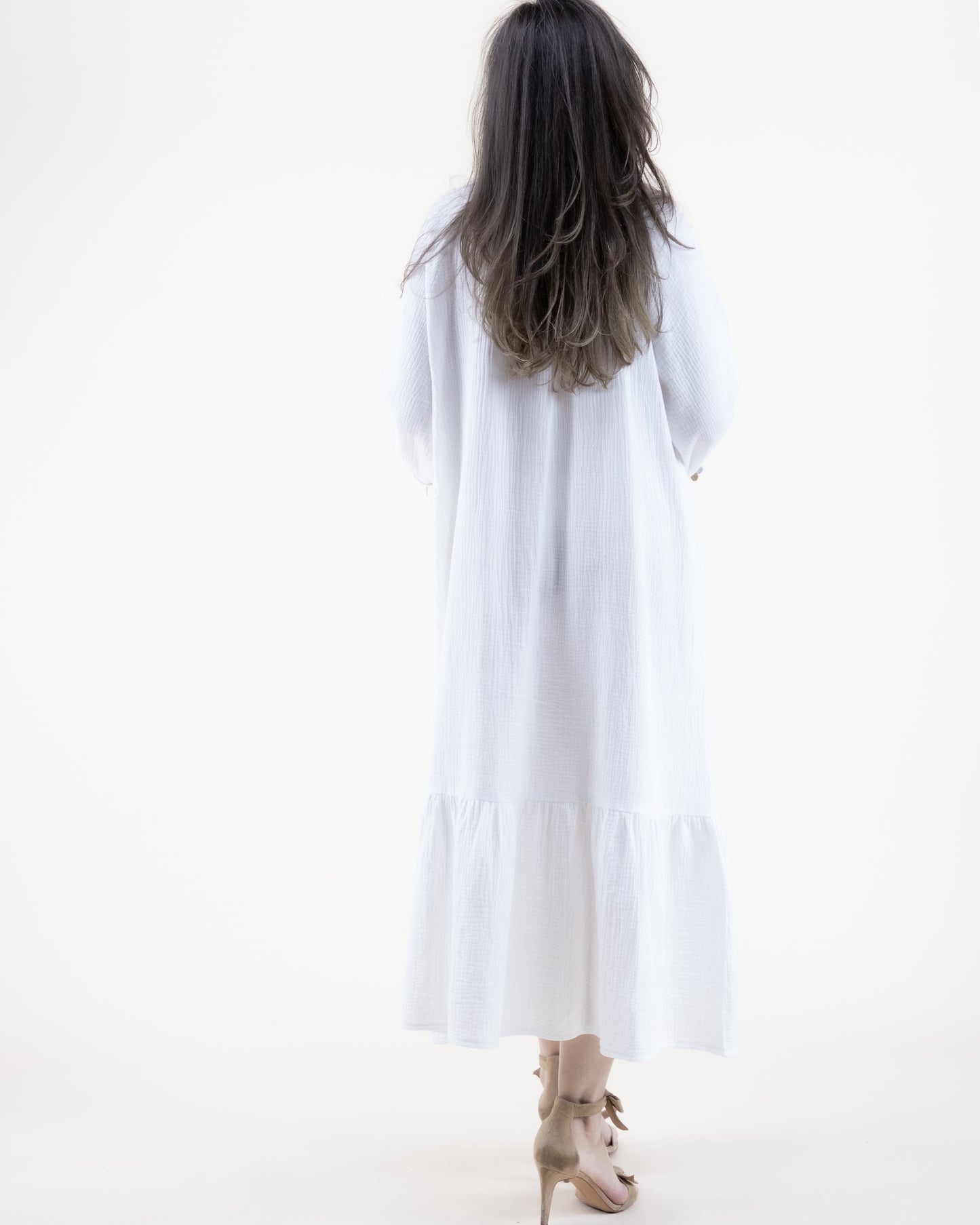 Cotton Gauze & Lace Long Sleeve Ruffle Bottom Tent Dress