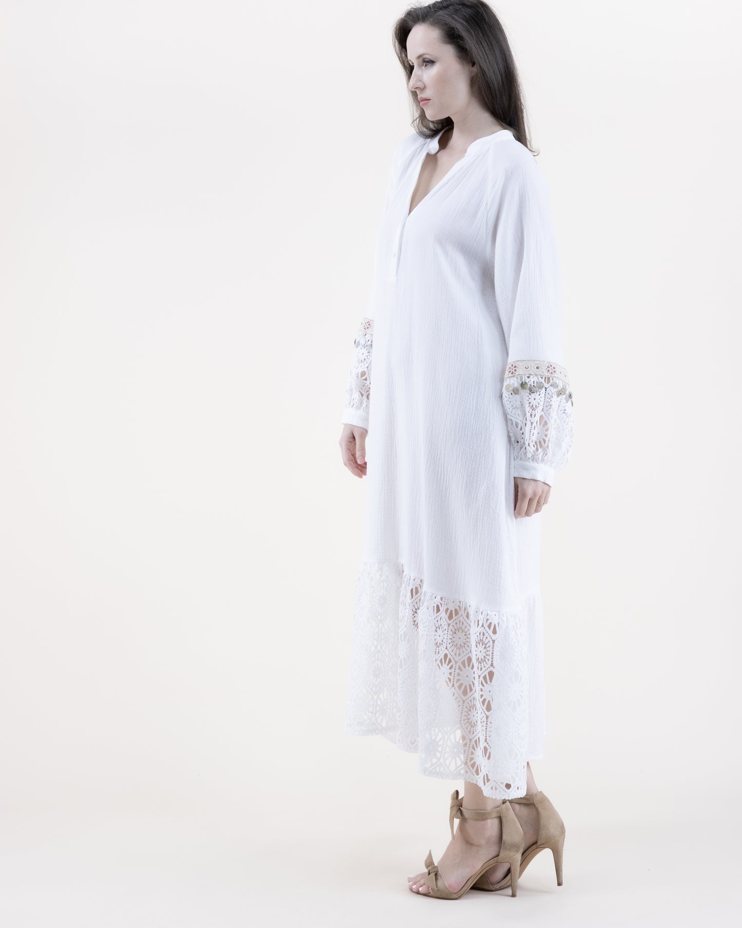 Cotton Gauze & Lace Long Sleeve Ruffle Bottom Tent Dress
