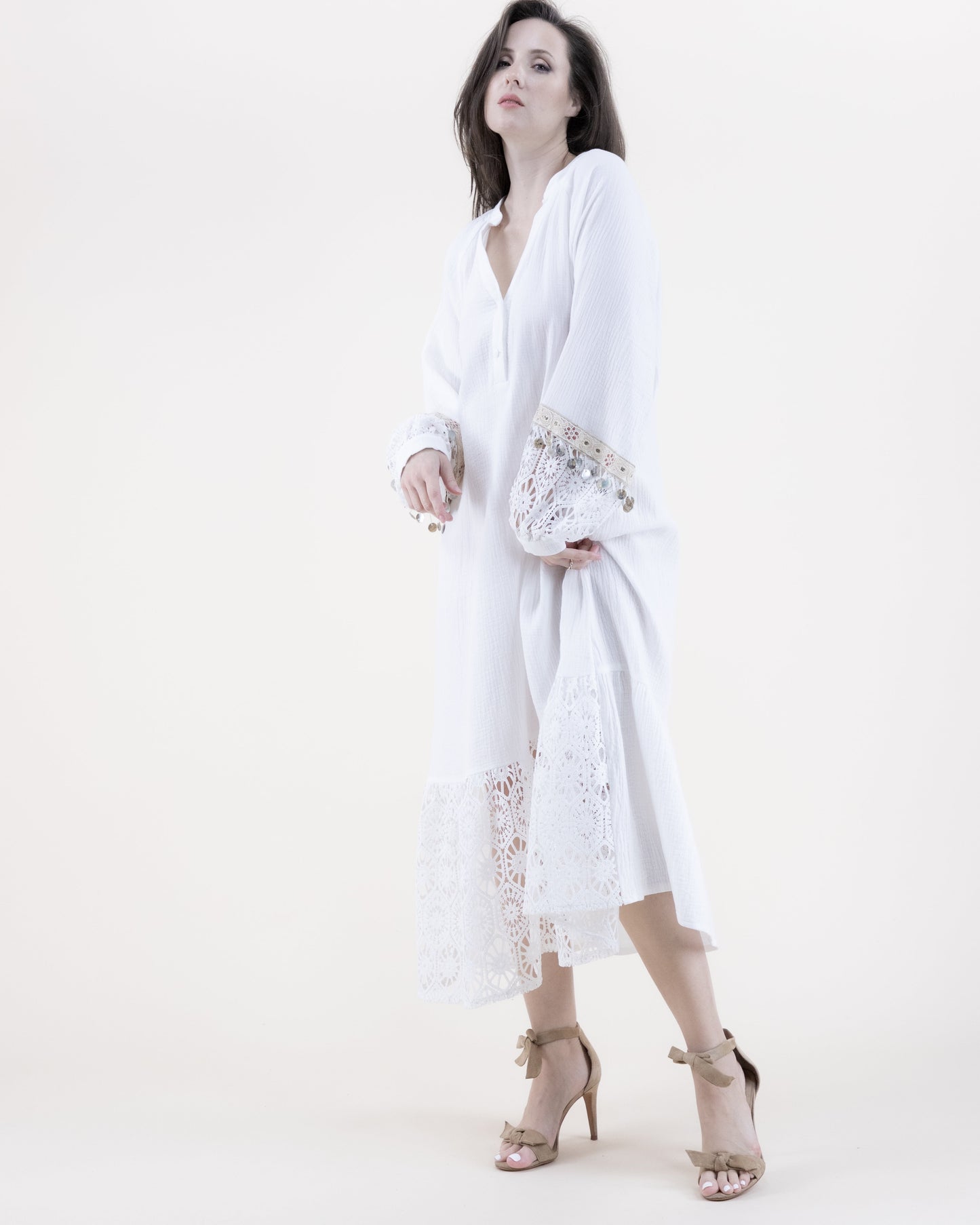 Cotton Gauze & Lace Long Sleeve Ruffle Bottom Tent Dress