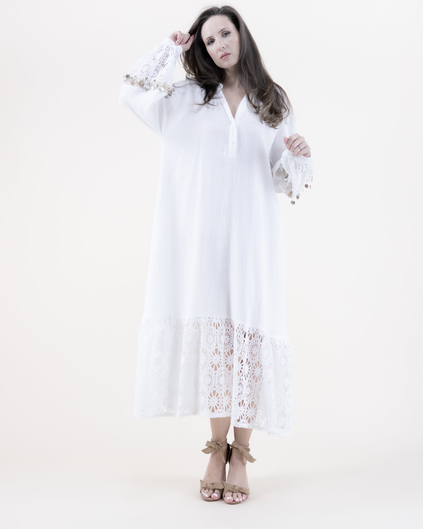 Cotton Gauze & Lace Long Sleeve Ruffle Bottom Tent Dress