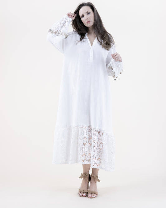 Cotton Gauze & Lace Long Sleeve Ruffle Bottom Tent Dress