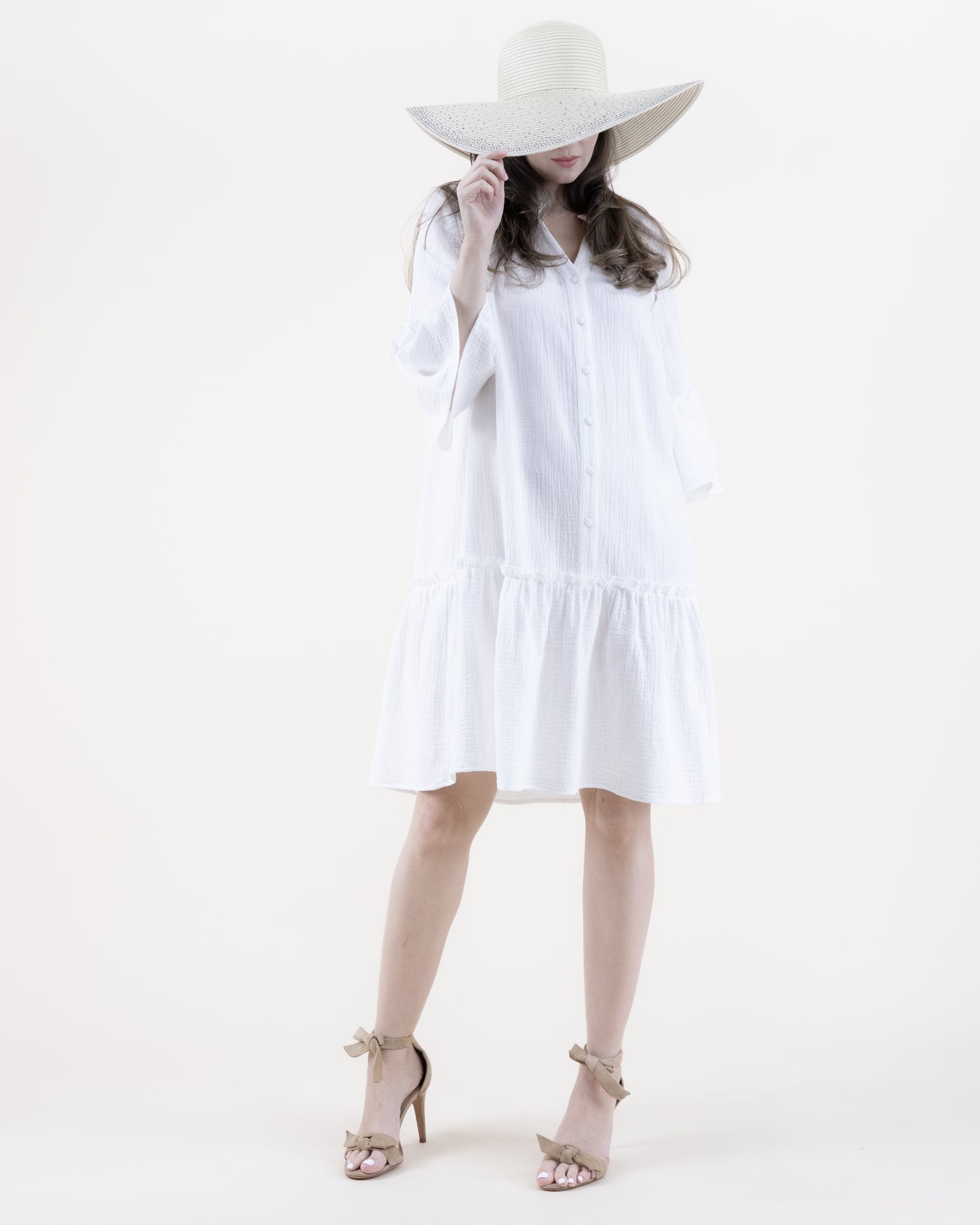 Cotton Gauze Drop Waist Trumpet Sleeve Shirt Dress