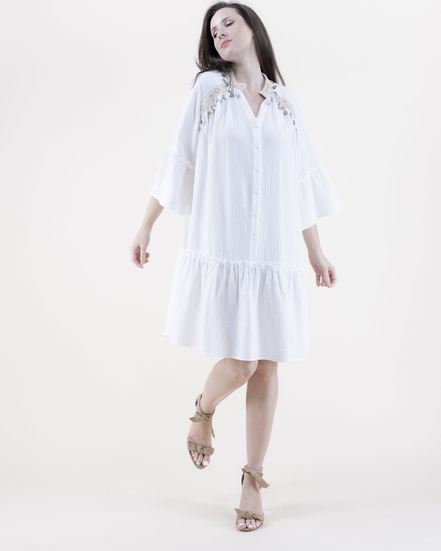 Cotton Gauze Drop Waist Trumpet Sleeve Shirt Dress