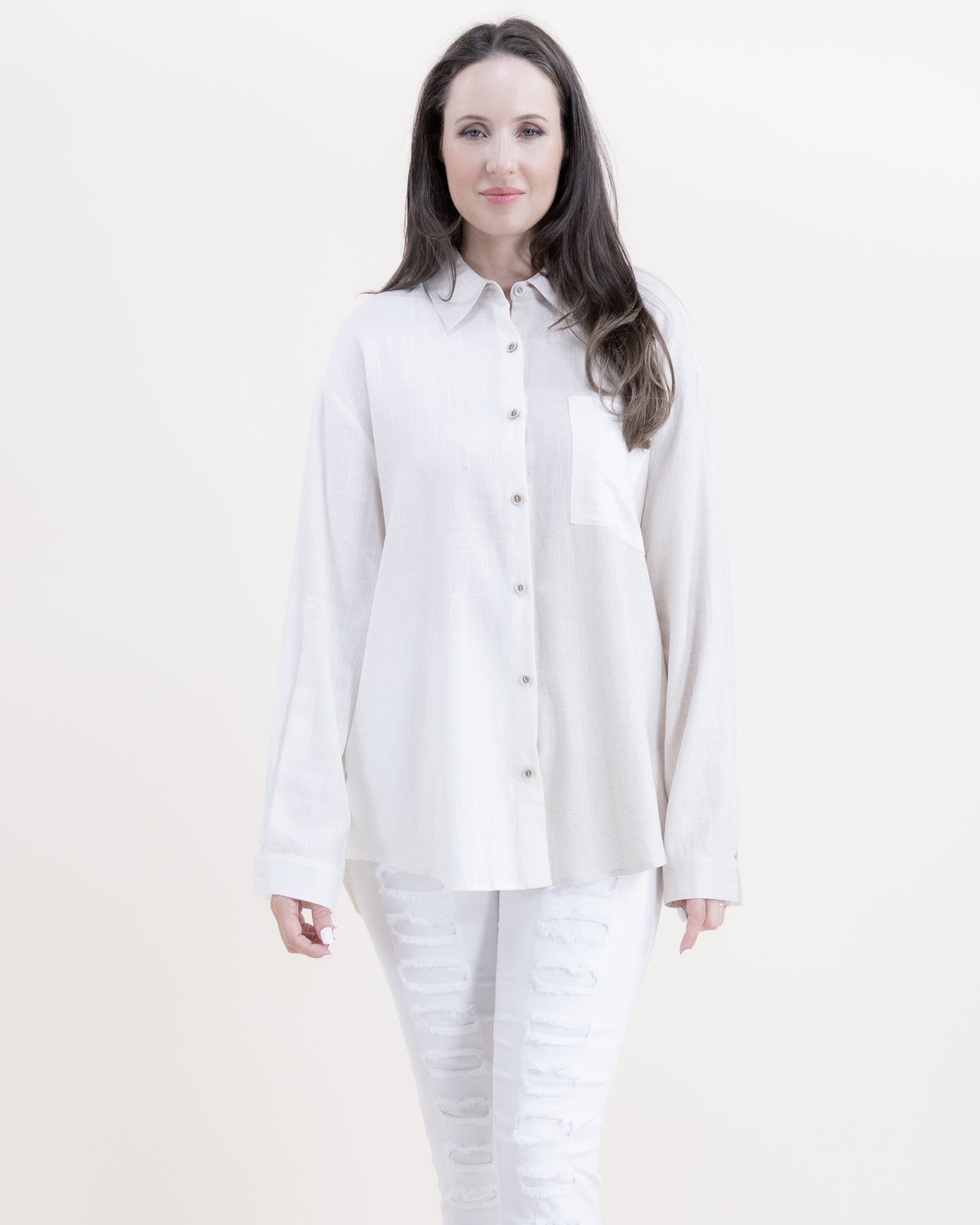 Cotton Linen Dual Tone Long Sleeve Button-up Collared Shirt