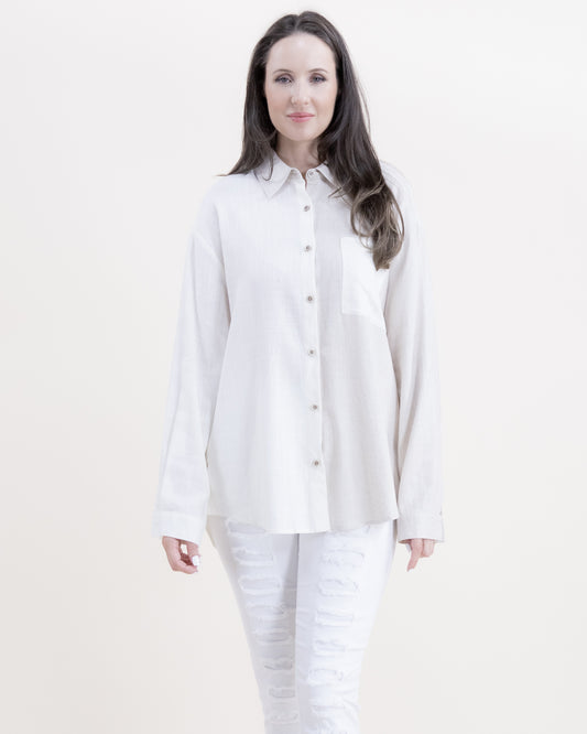 Cotton Linen Dual Tone Long Sleeve Button-up Collared Shirt