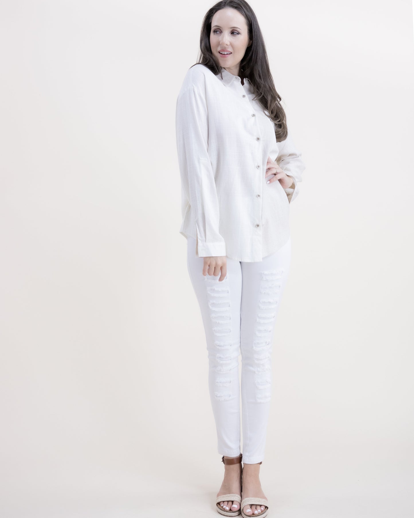 Cotton Linen Dual Tone Long Sleeve Button-up Collared Shirt