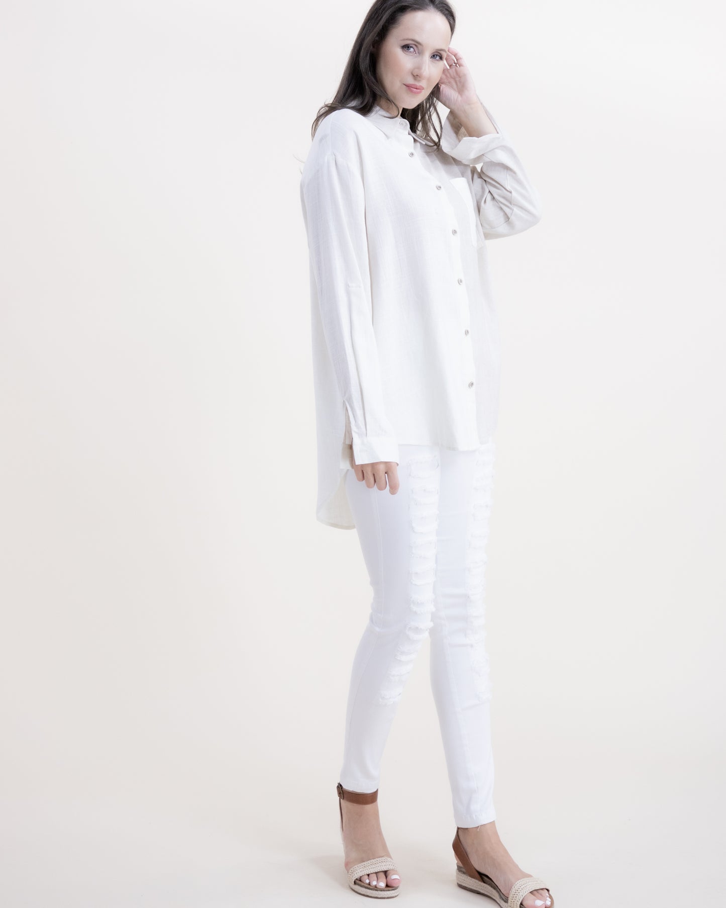 Cotton Linen Dual Tone Long Sleeve Button-up Collared Shirt