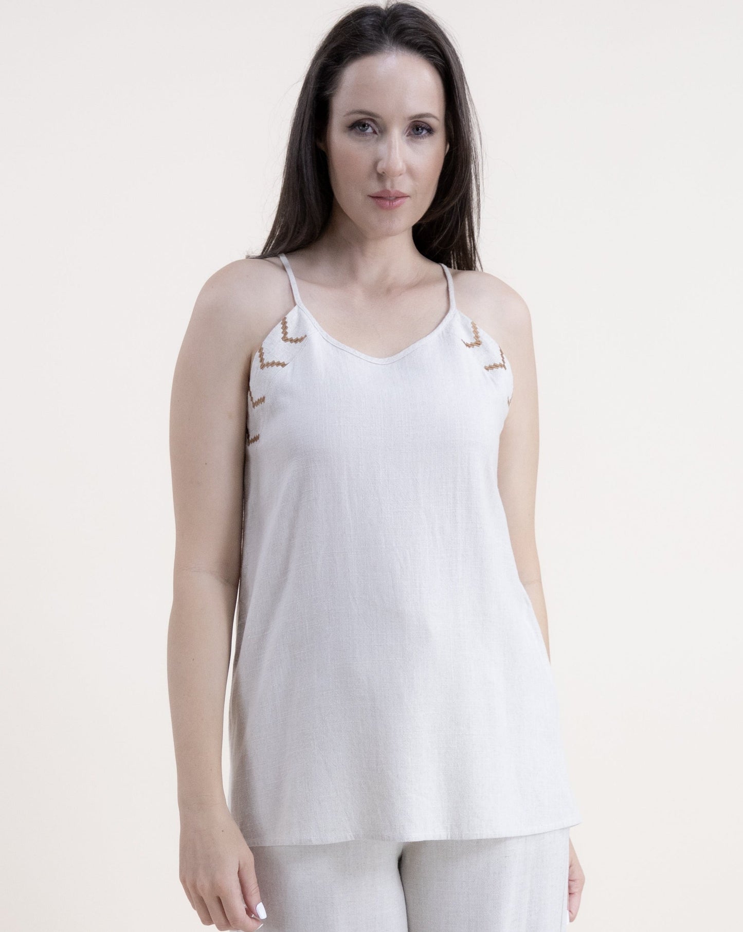 Cotton Linen Embroidery Detail Sleeveless Halter Top