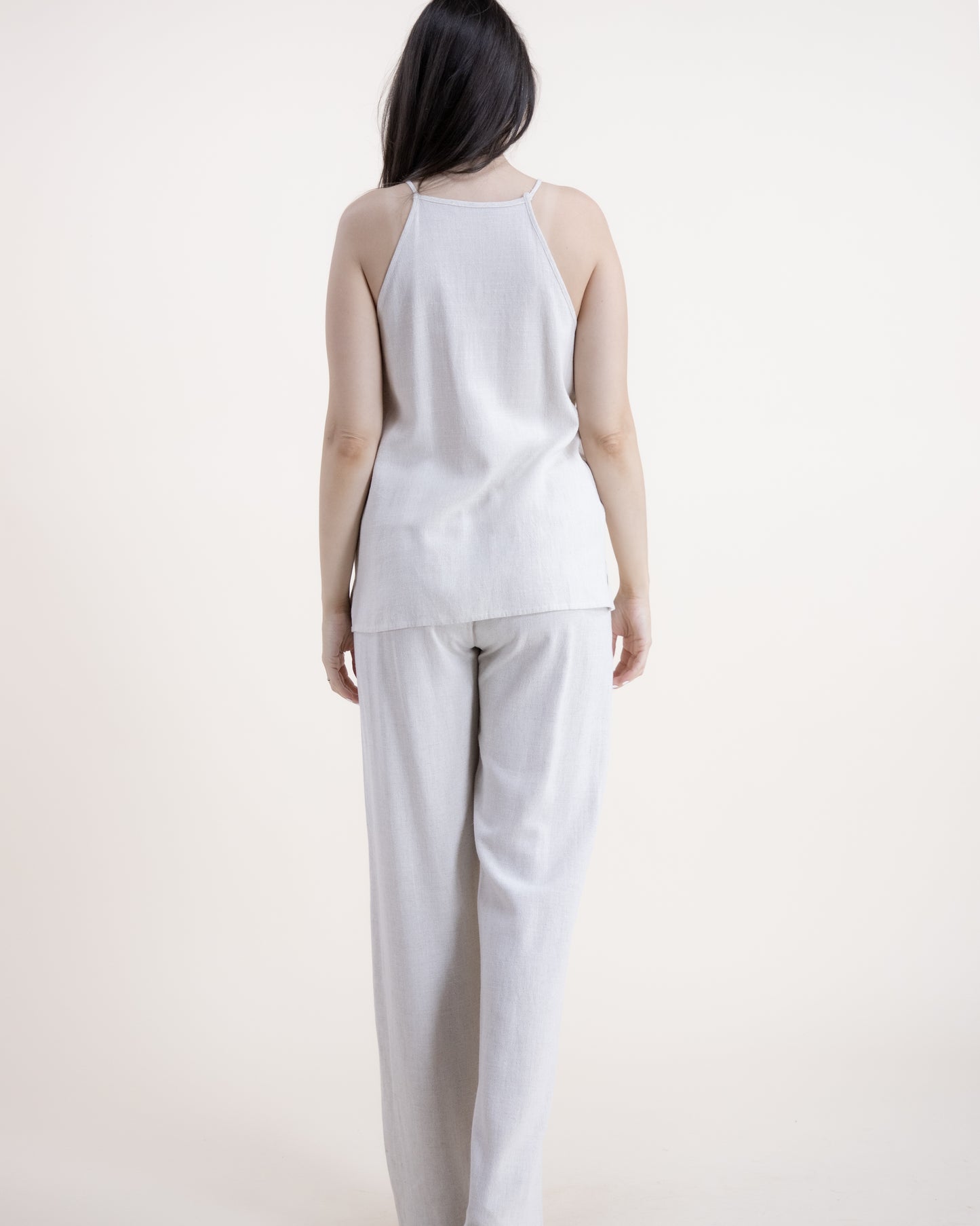 Cotton Linen Embroidery Detail Sleeveless Halter Top