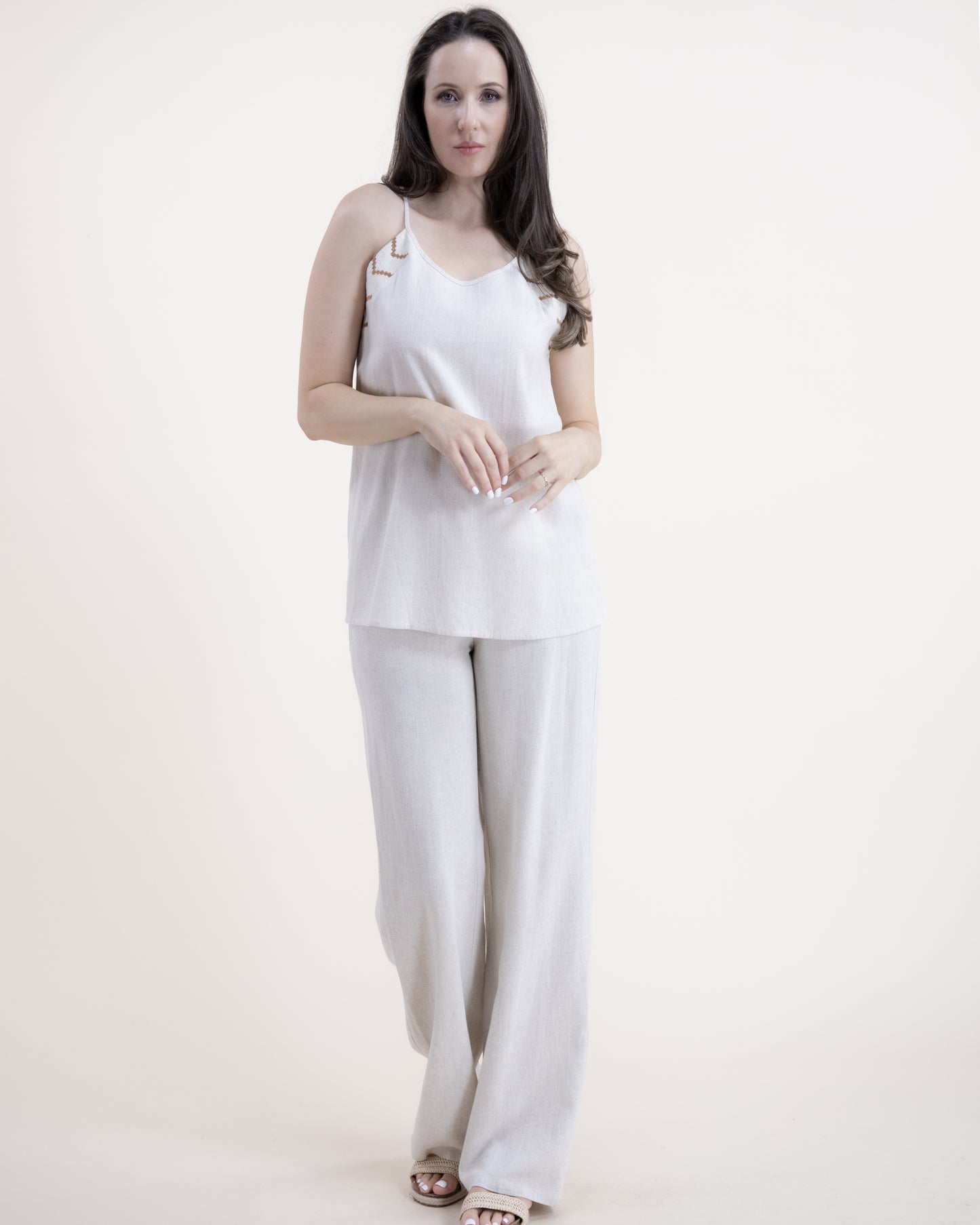 Cotton Linen Embroidery Detail Sleeveless Halter Top