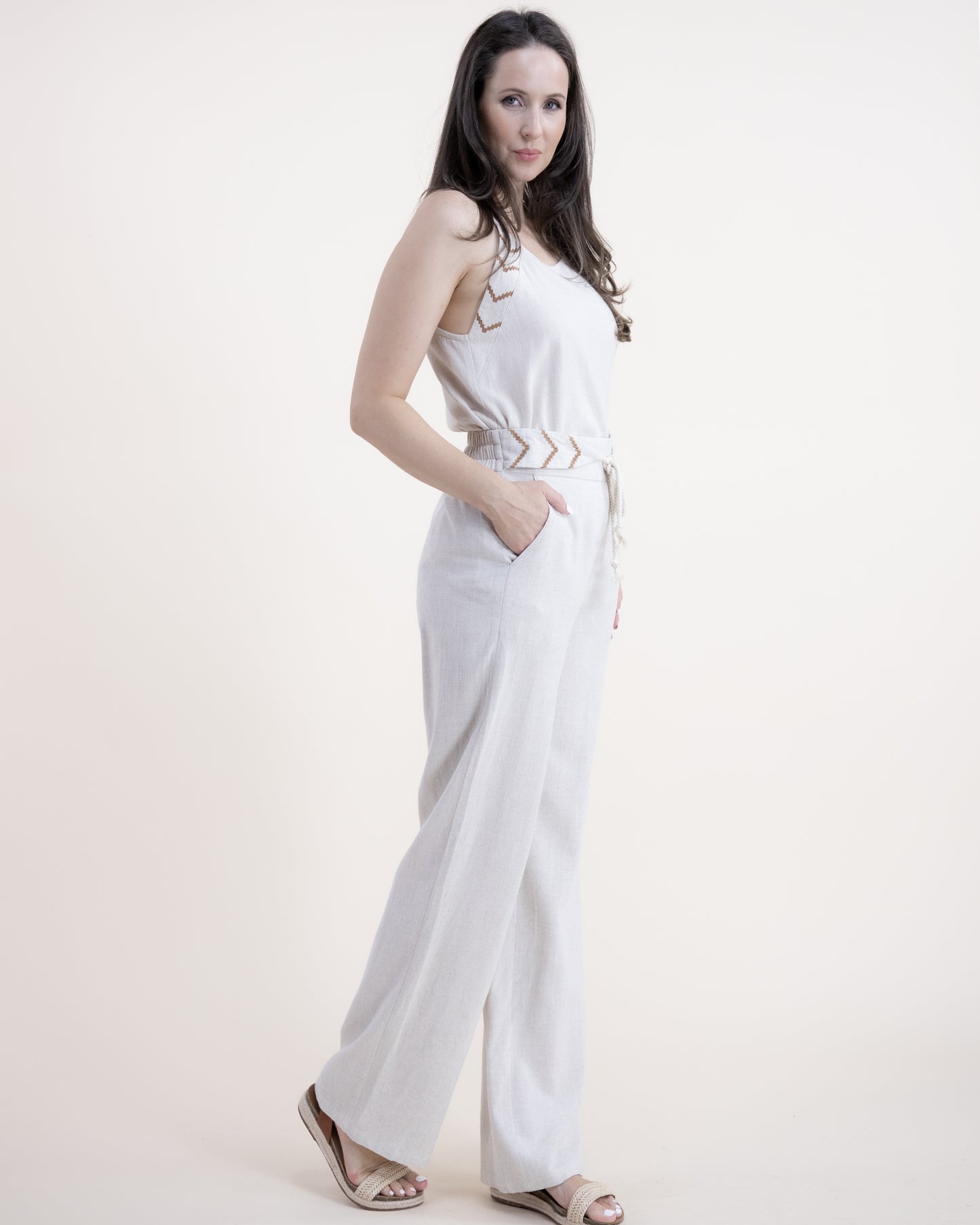 Cotton Linen Embroidery Detail Sleeveless Halter Top