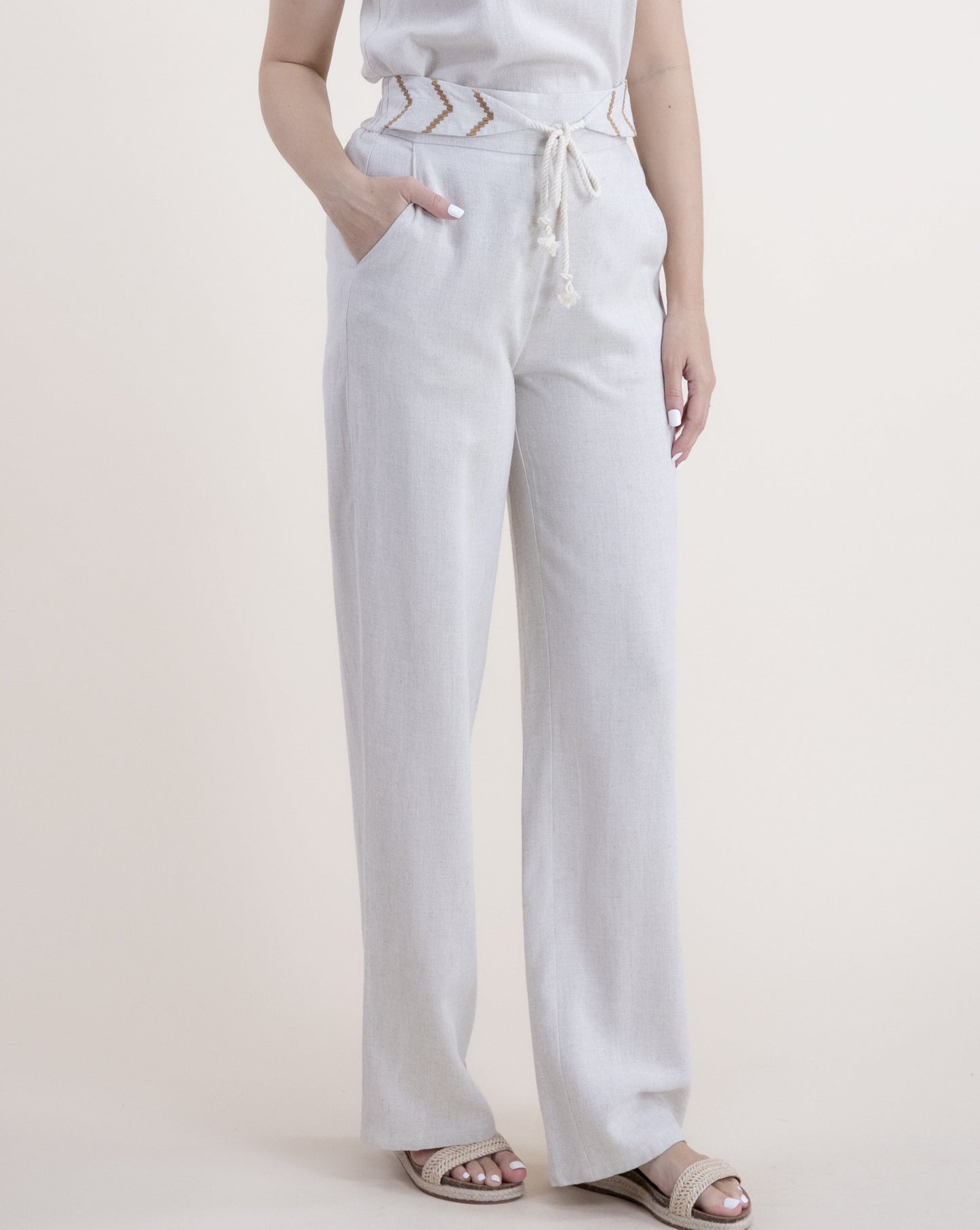 Cotton Linen Embroidery Detail Front Tie Wide Leg Pants