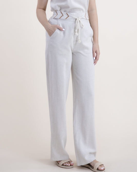 Cotton Linen Embroidery Detail Front Tie Wide Leg Pants