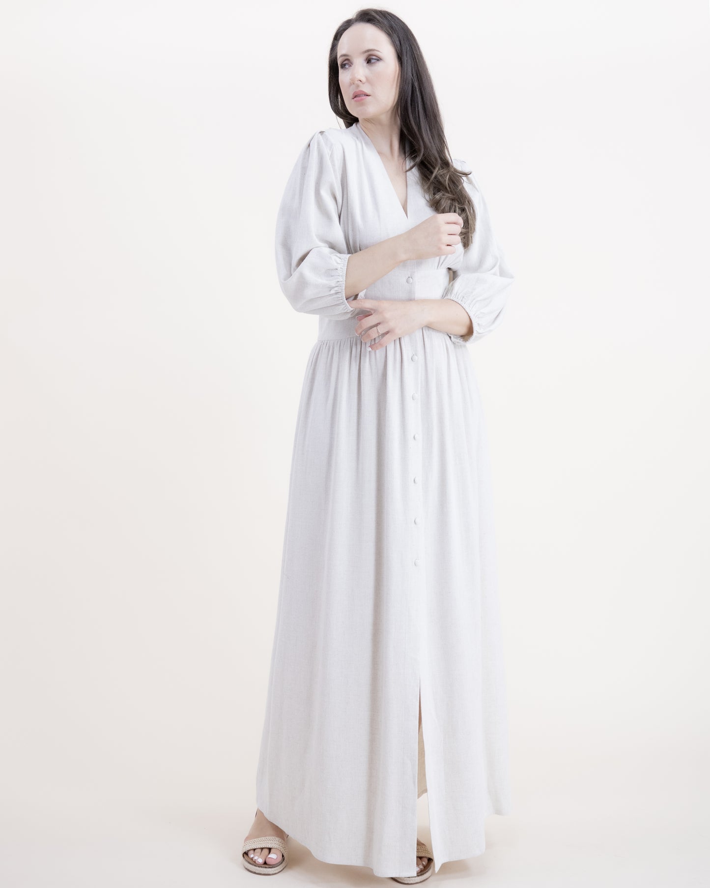 Cotton Linen Deep V-Neck Half Sleeve Button Front Dress
