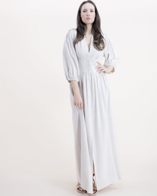 Cotton Linen Deep V-Neck Half Sleeve Button Front Dress