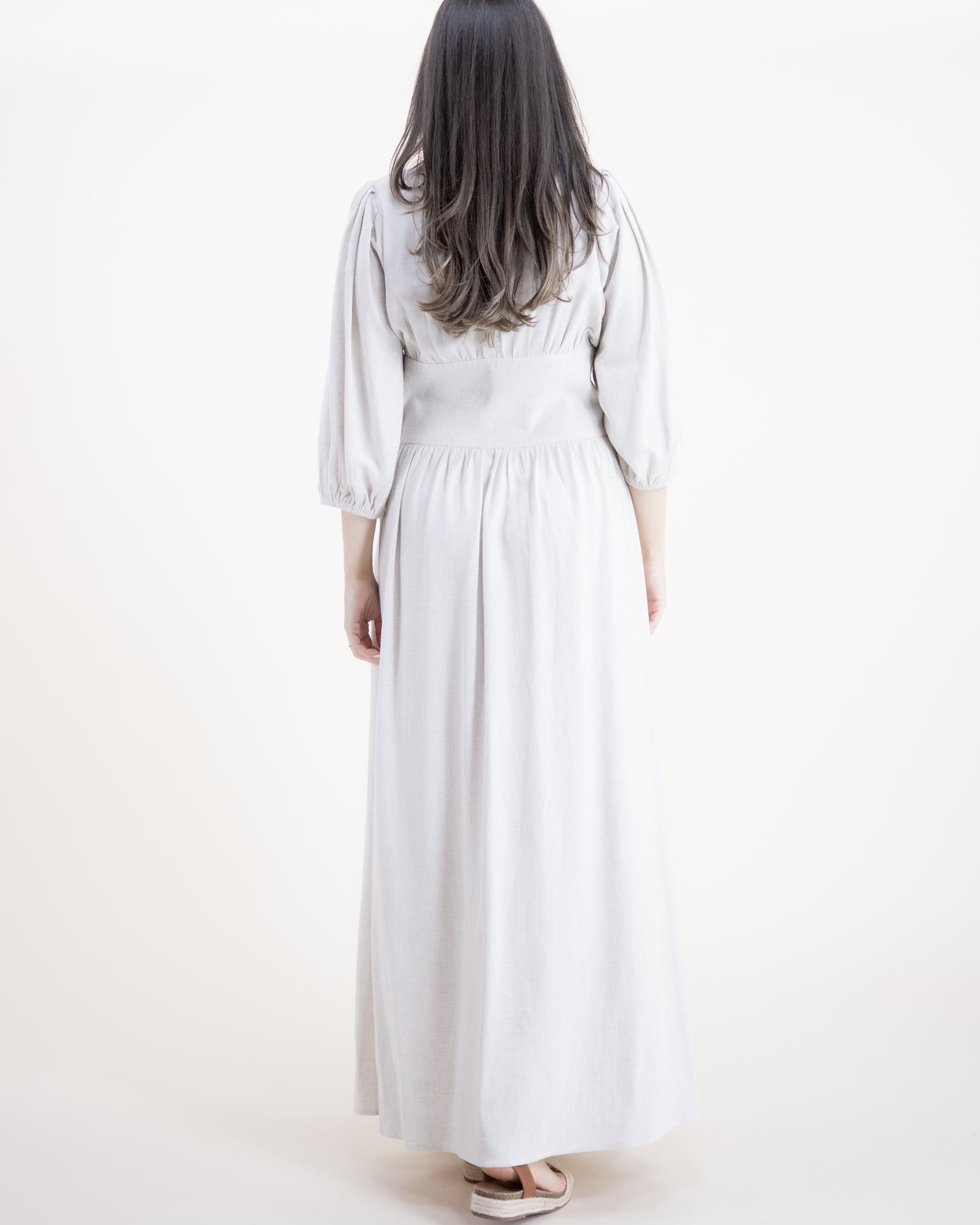 Cotton Linen Deep V-Neck Half Sleeve Button Front Dress