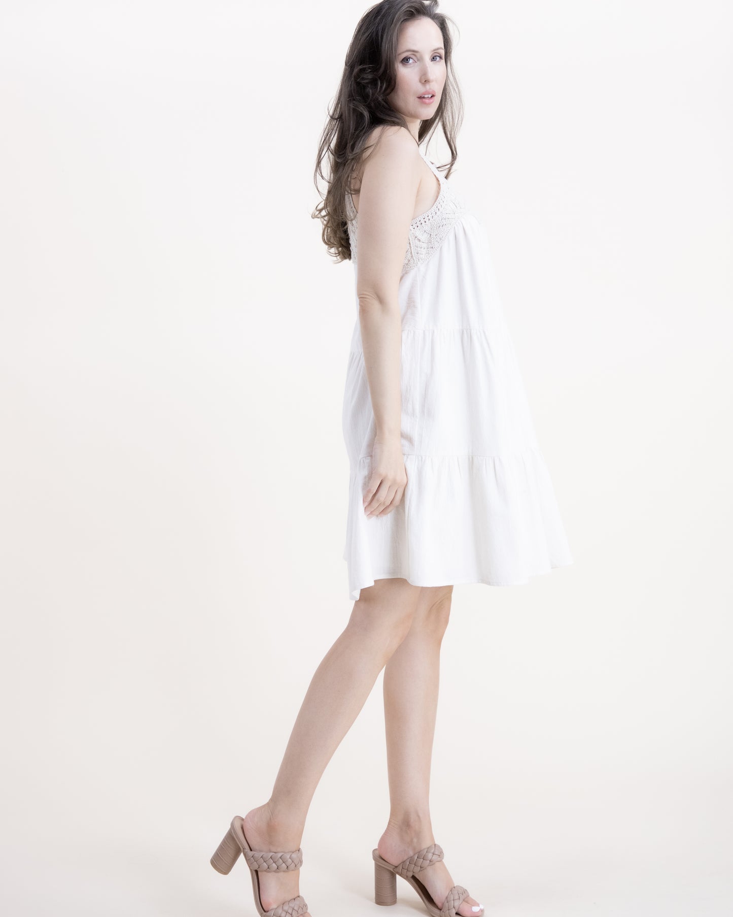 Crochet Yoke Fully Lined Tiered Tent Dress