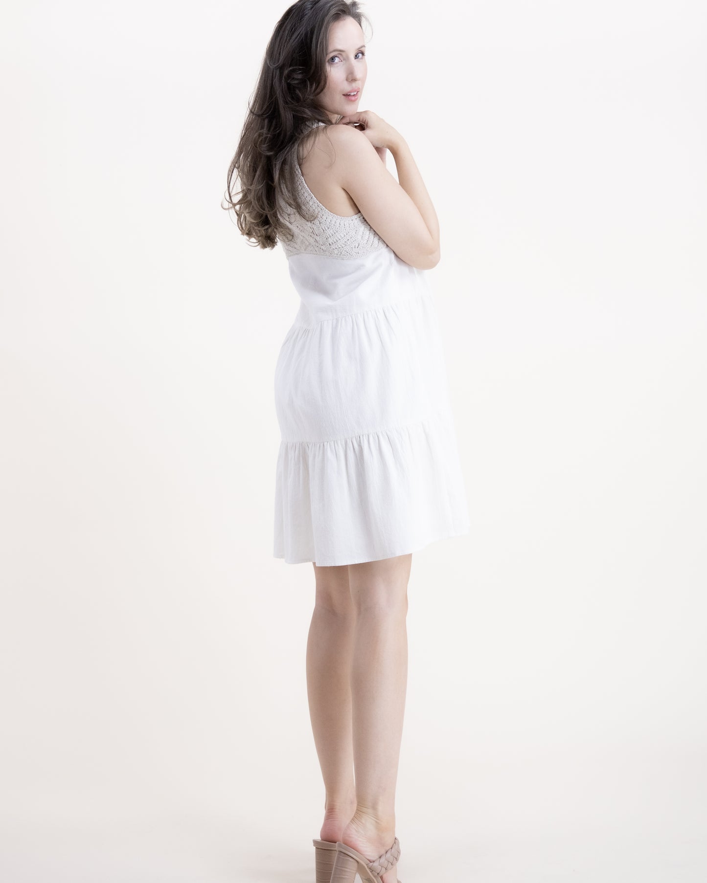Crochet Yoke Fully Lined Tiered Tent Dress