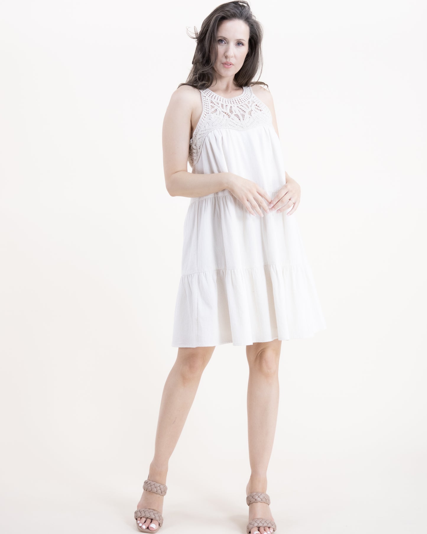 Crochet Yoke Fully Lined Tiered Tent Dress