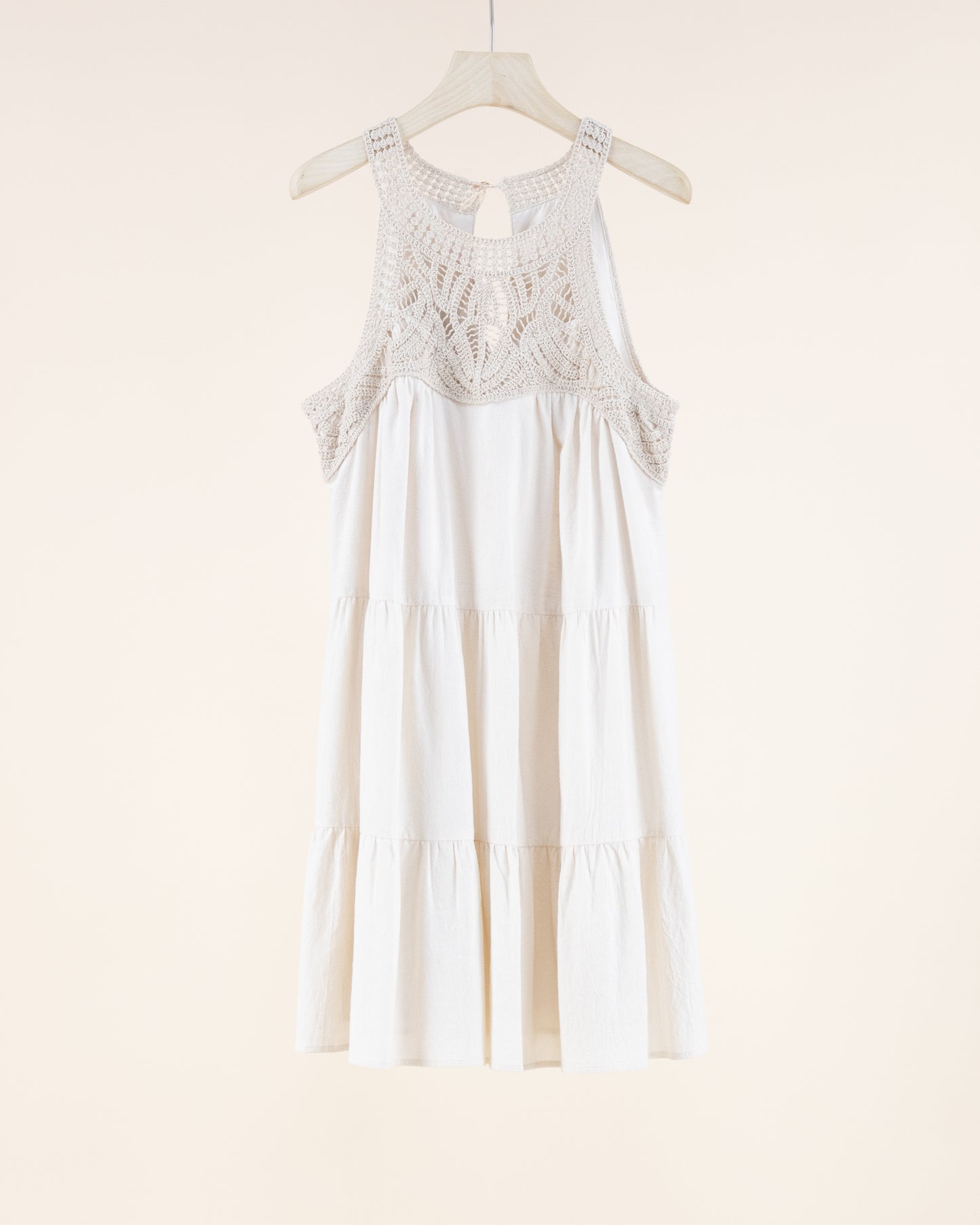 Crochet Yoke Fully Lined Tiered Tent Dress