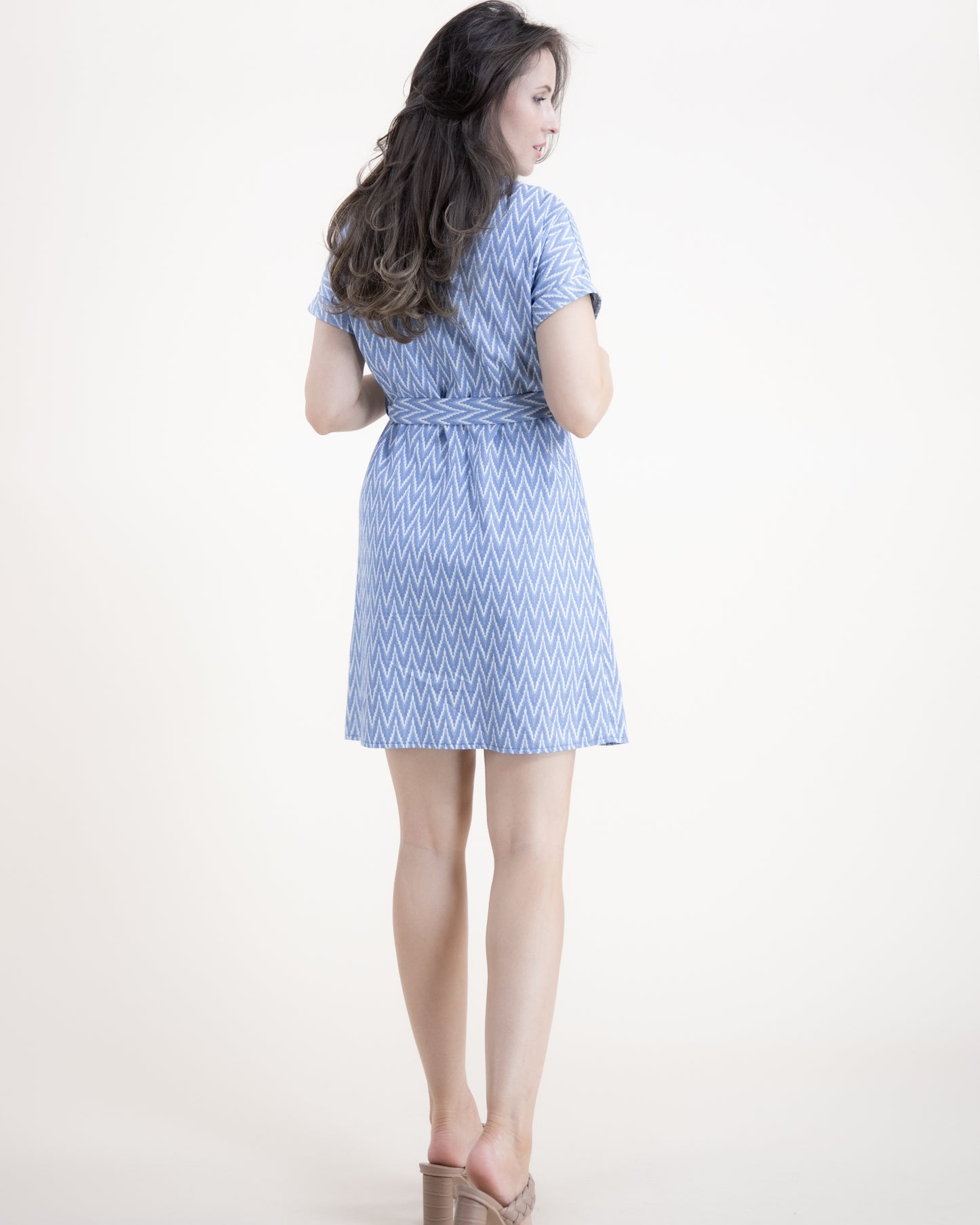 Cotton Blend Chambray Zig Zag Belted Short Sleeve Shirt Dress