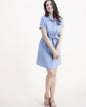Cotton Blend Chambray Zig Zag Belted Short Sleeve Shirt Dress