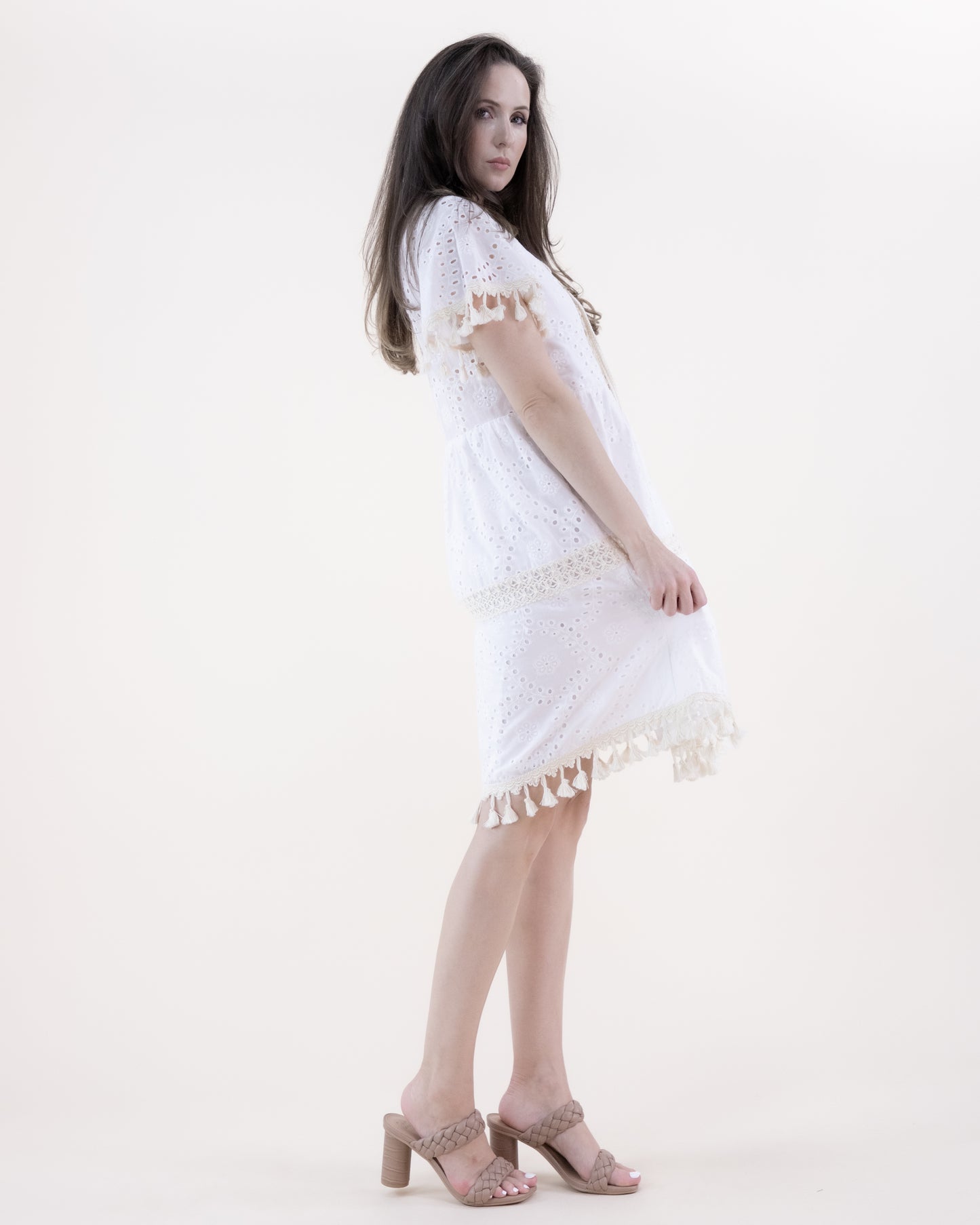 Eyelet Lace & Crochet Embellished Tassel Hem Dress