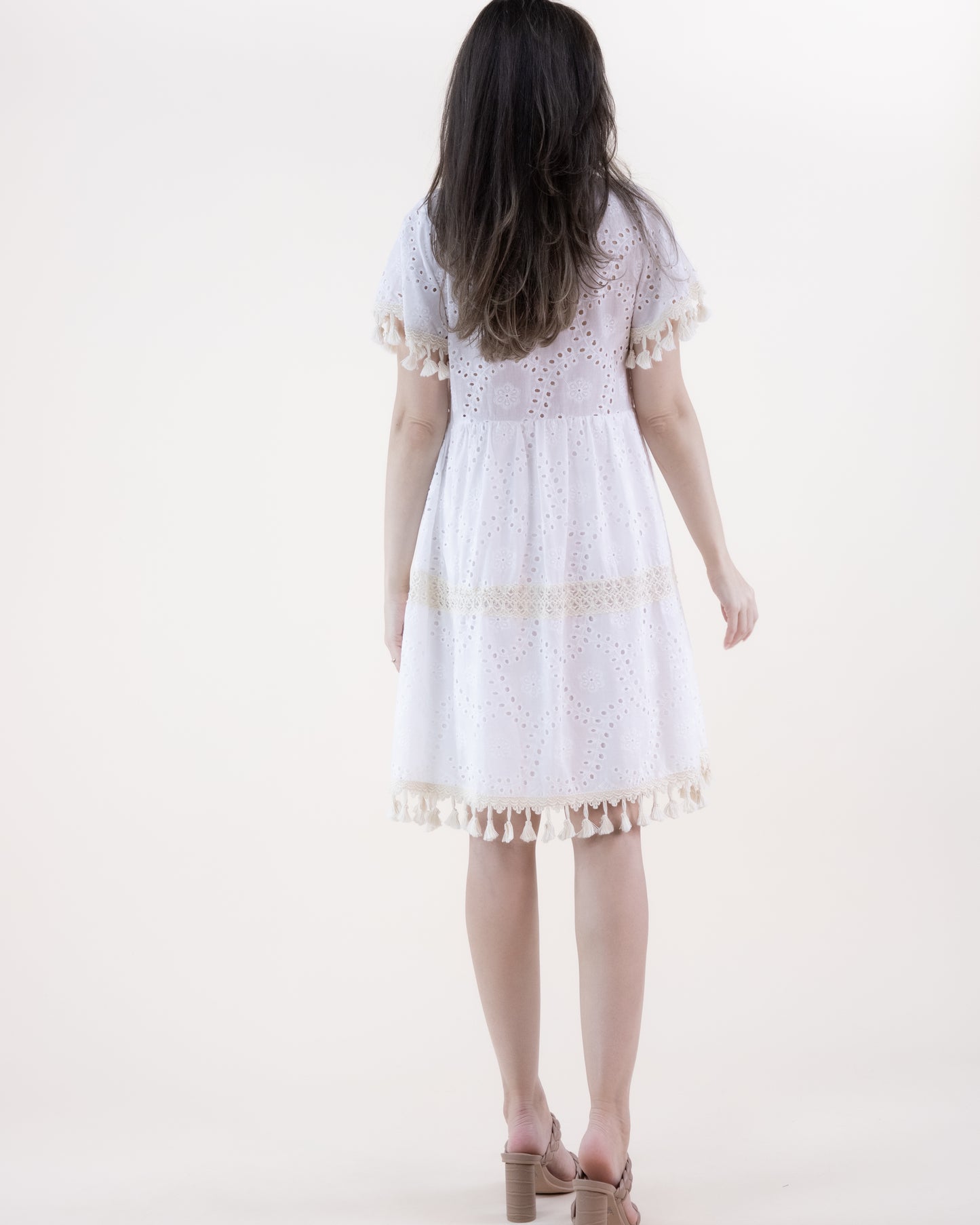 Eyelet Lace & Crochet Embellished Tassel Hem Dress