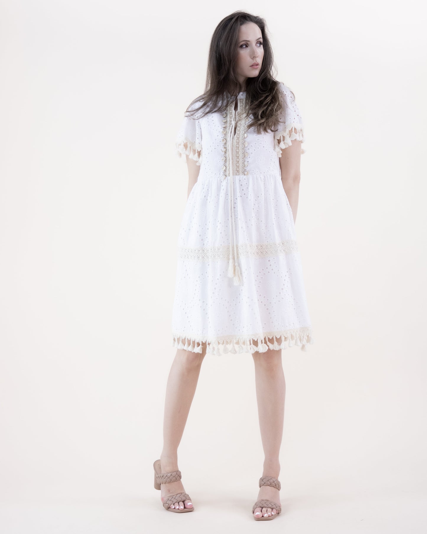 Eyelet Lace & Crochet Embellished Tassel Hem Dress