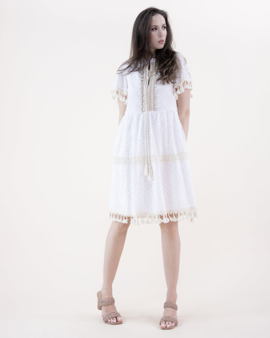 Eyelet Lace & Crochet Embellished Tassel Hem Dress
