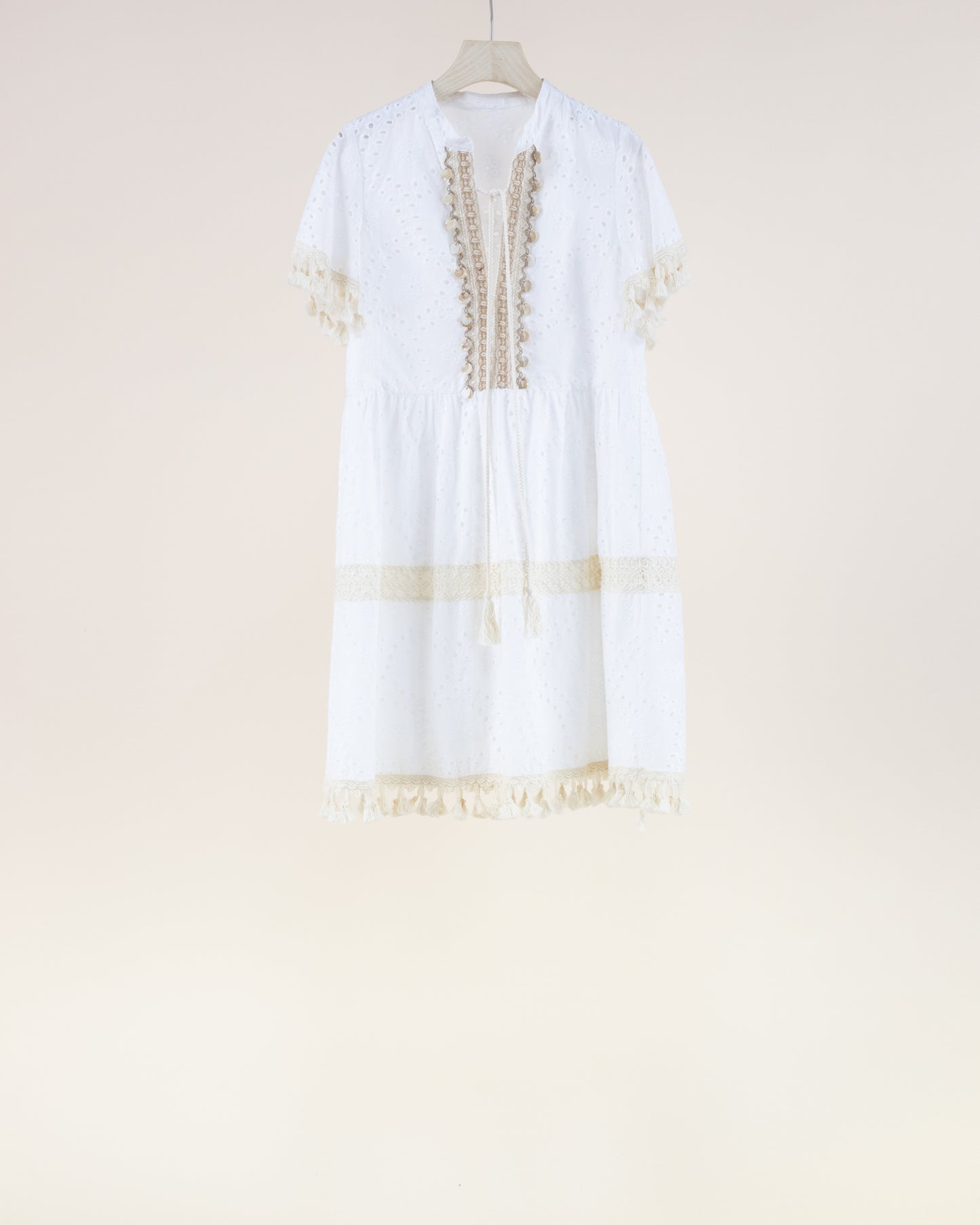 Eyelet Lace & Crochet Embellished Tassel Hem Dress