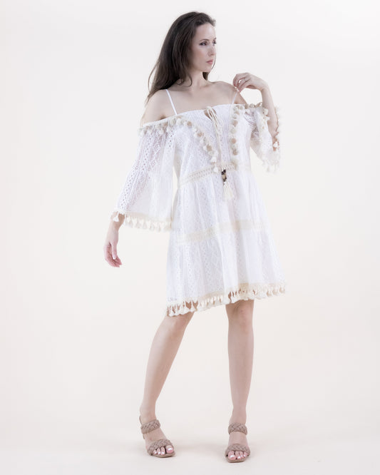 Striped Lace & Crochet Accents Cold Shoulder Dress