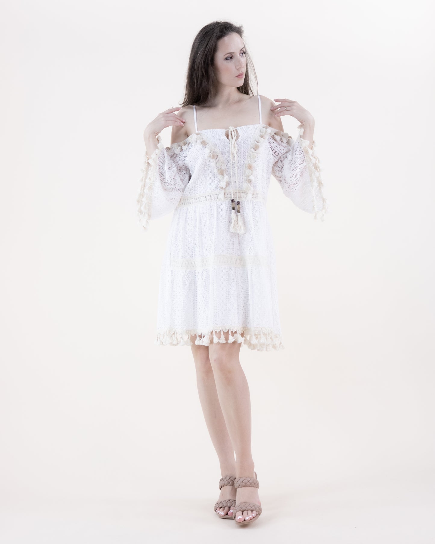 Striped Lace & Crochet Accents Cold Shoulder Dress