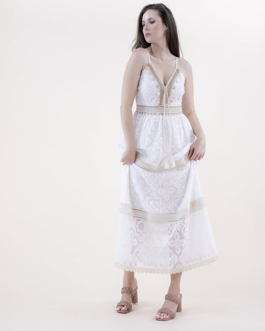 Geo Floral Lace & Crochet Empire Waist Maxi Dress
