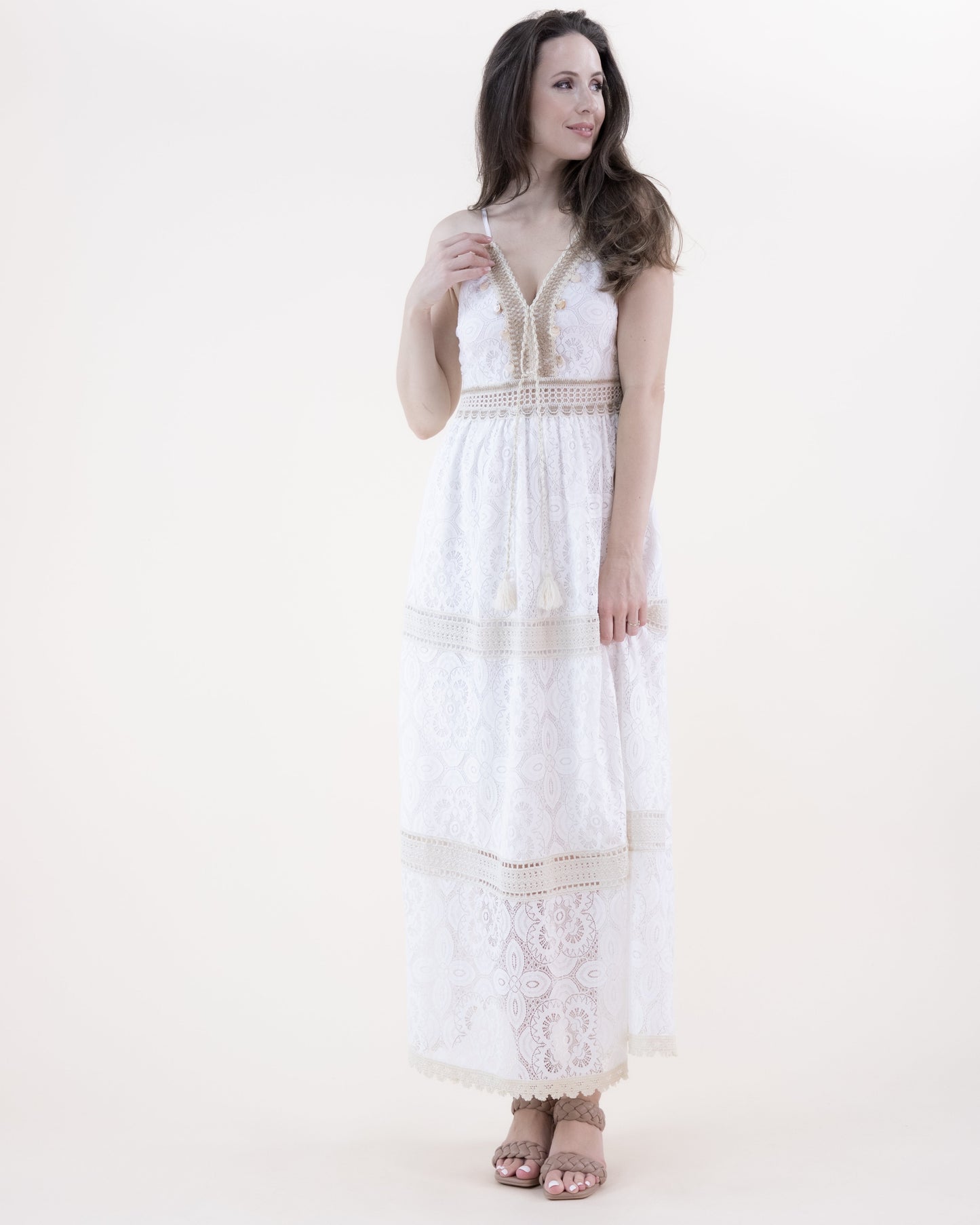 Geo Floral Lace & Crochet Empire Waist Maxi Dress