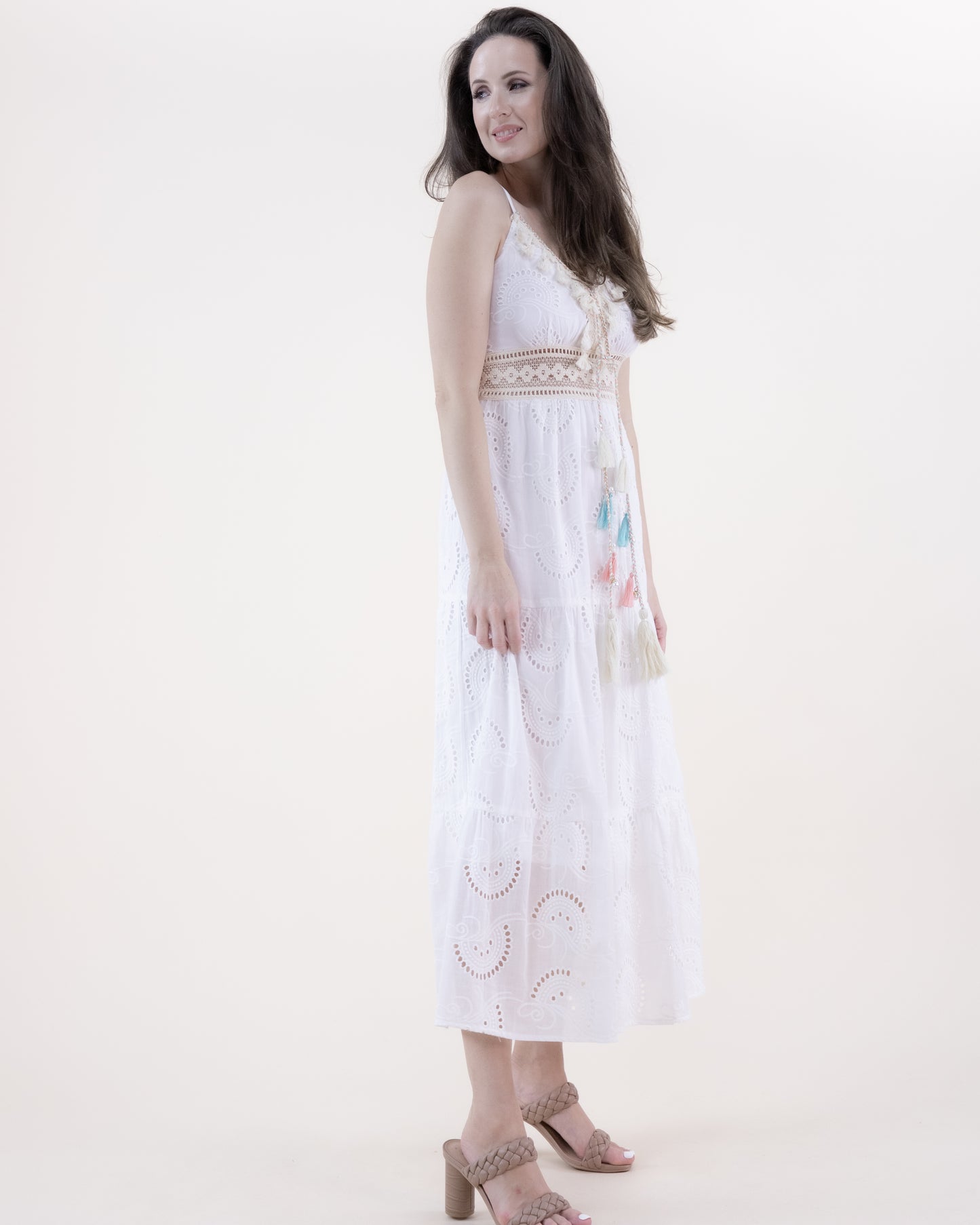 Eyelet Lace & Crochet Embellished Accents Empire Waist Tiered Maxi Dress
